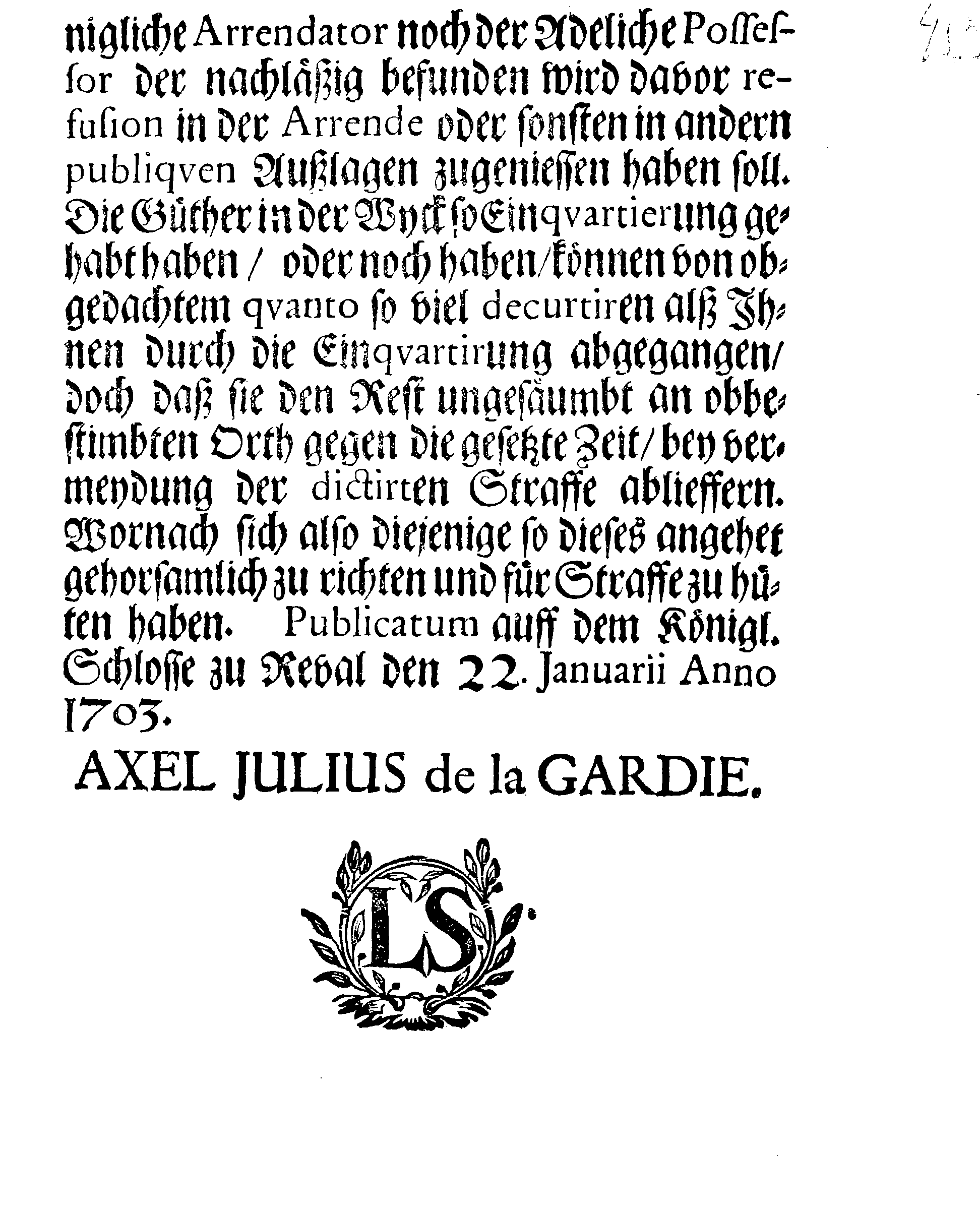 [Axel Julius De la Gardie korraldus]