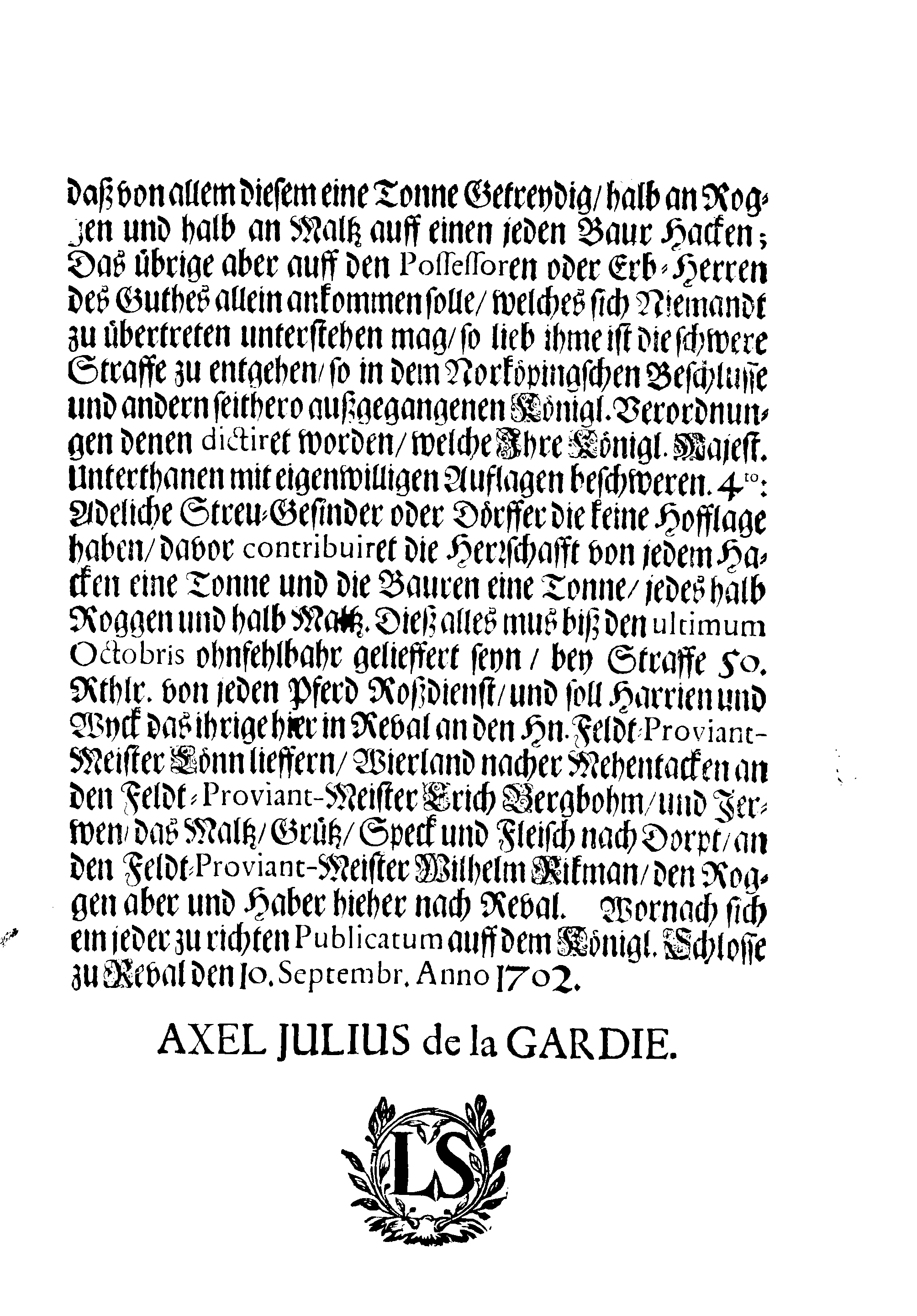 [Axel Julius De la Gardie korraldus]