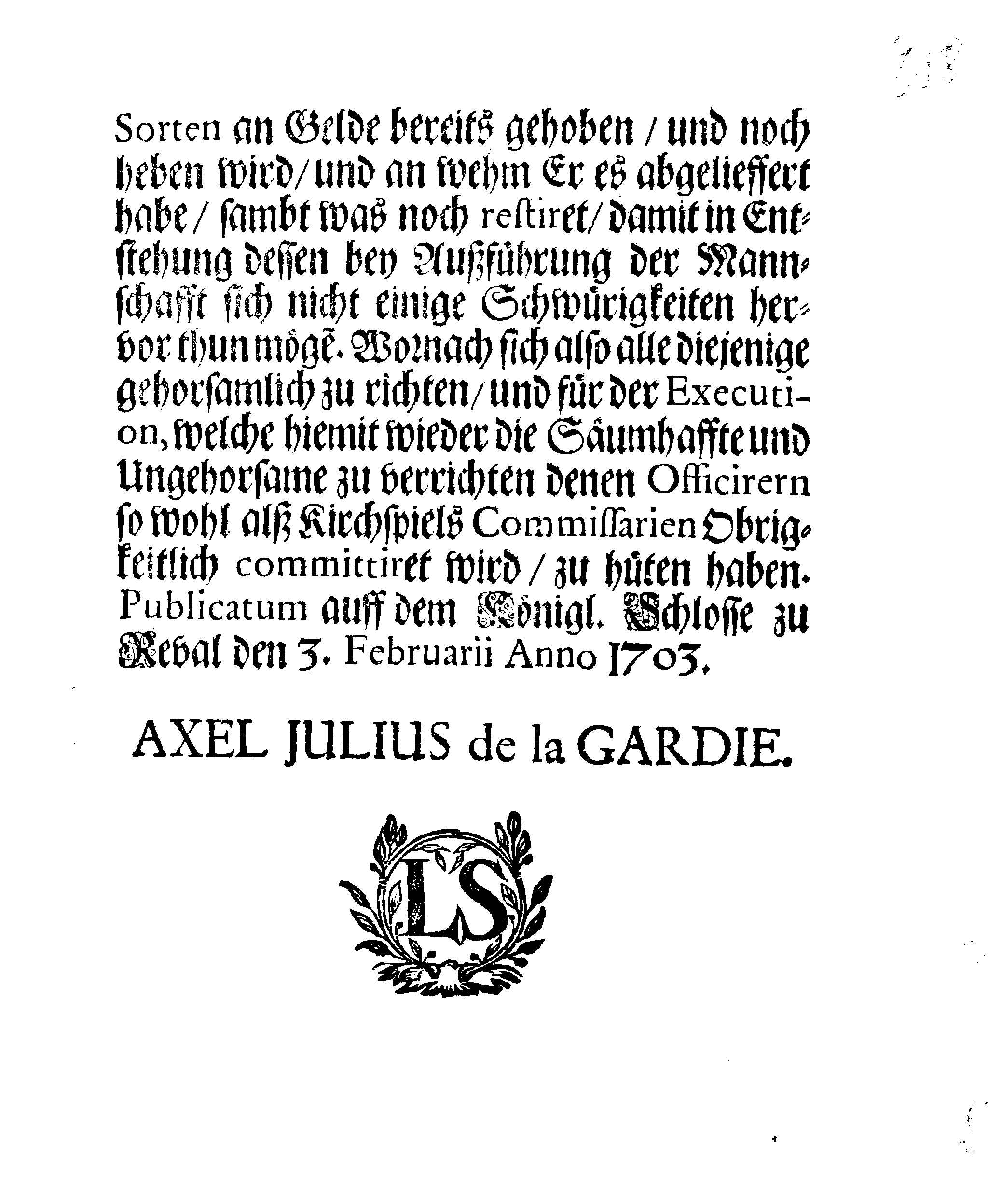 [Axel Julius De la Gardie korraldus]