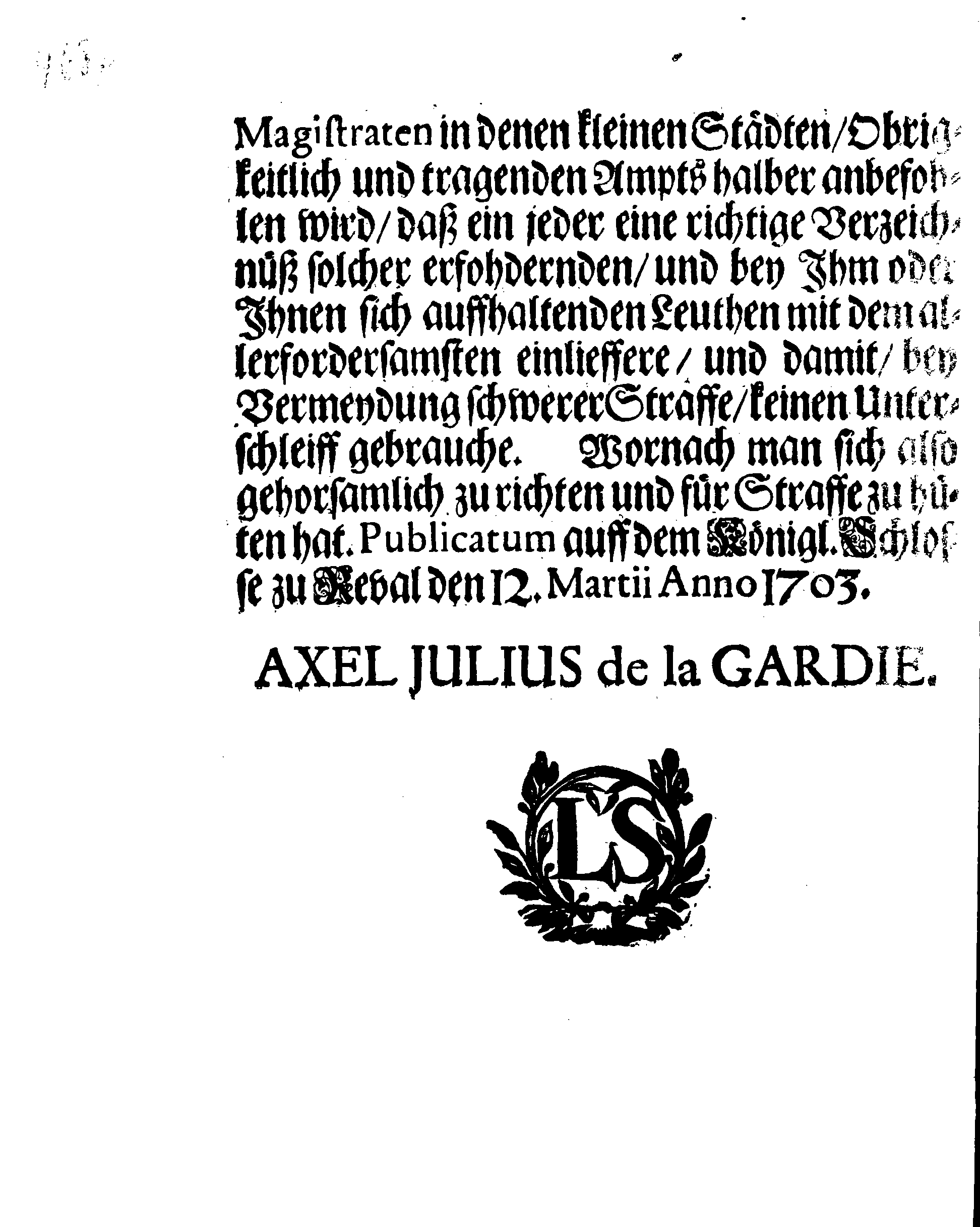 [Axel Julius De la Gardie korraldus]