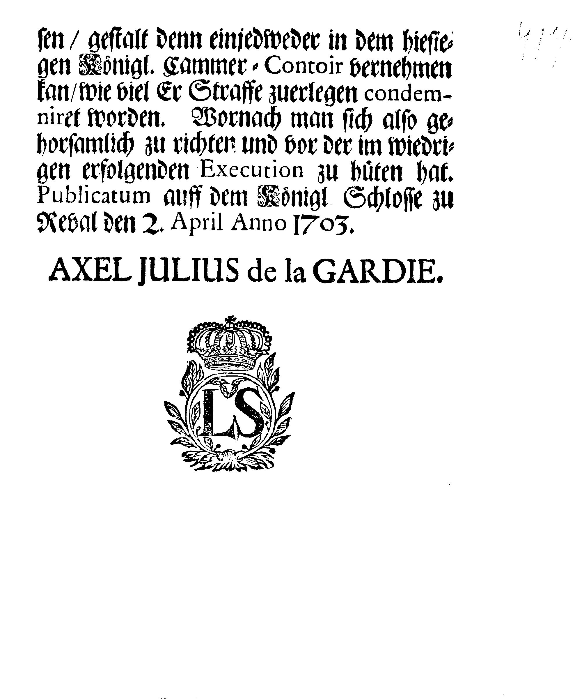 [Axel Julius De la Gardie korraldus]