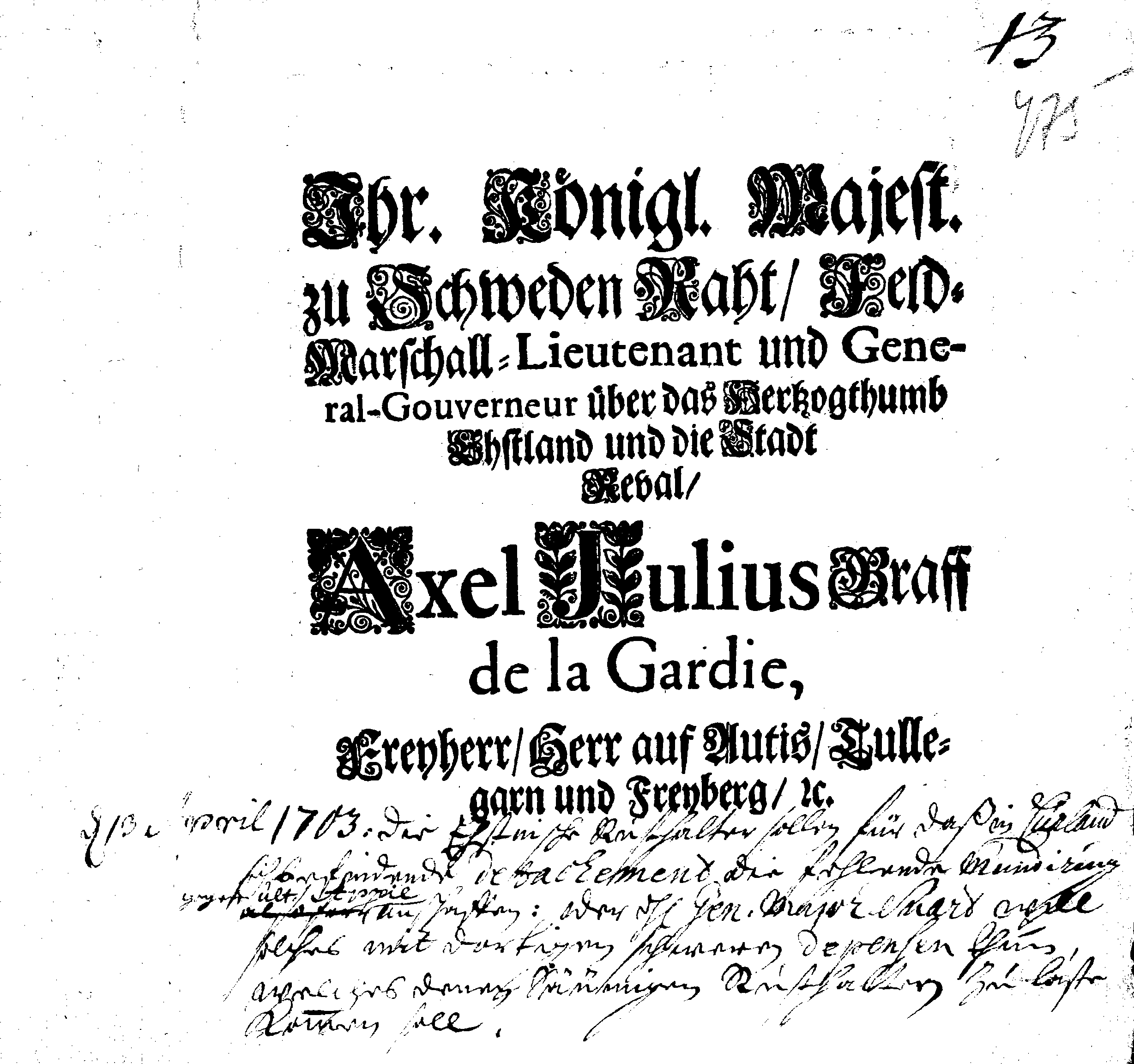 [Axel Julius De la Gardie korraldus]