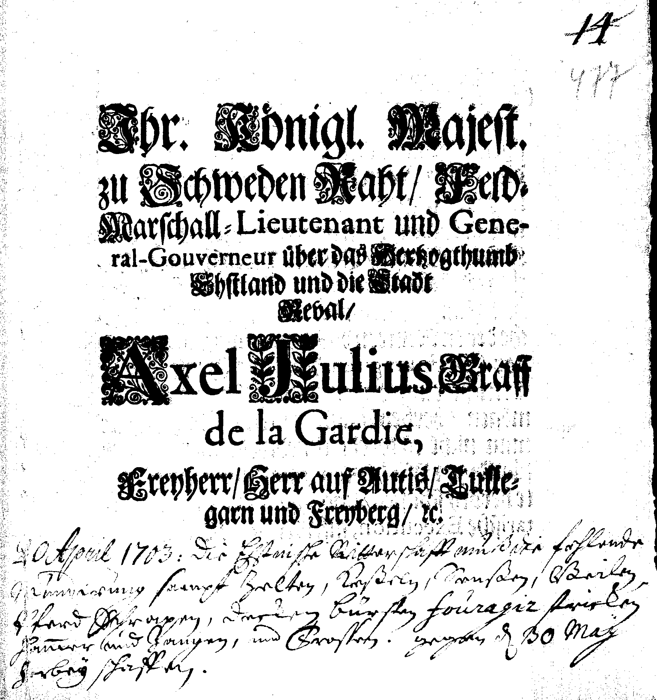 [Axel Julius De la Gardie korraldus]