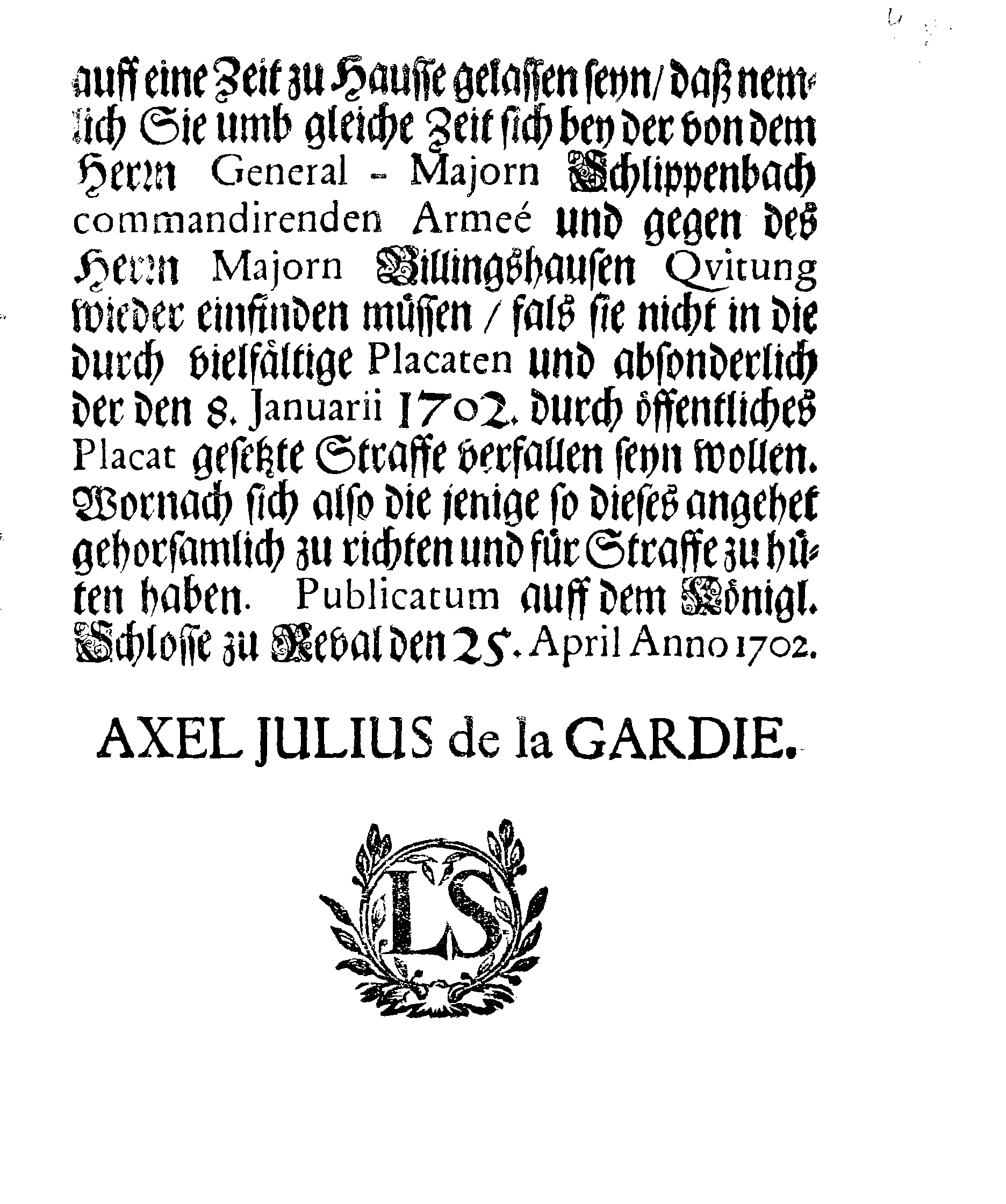 [Axel Julius De la Gardie korraldus]