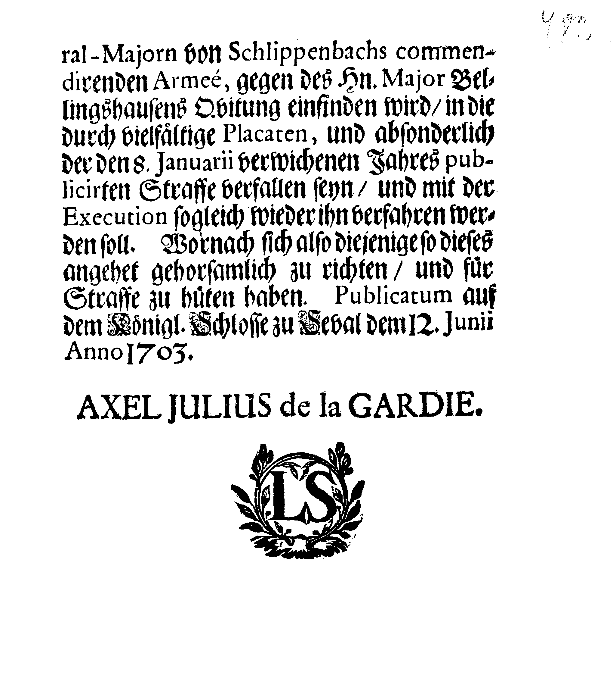 [Axel Julius De la Gardie korraldus]