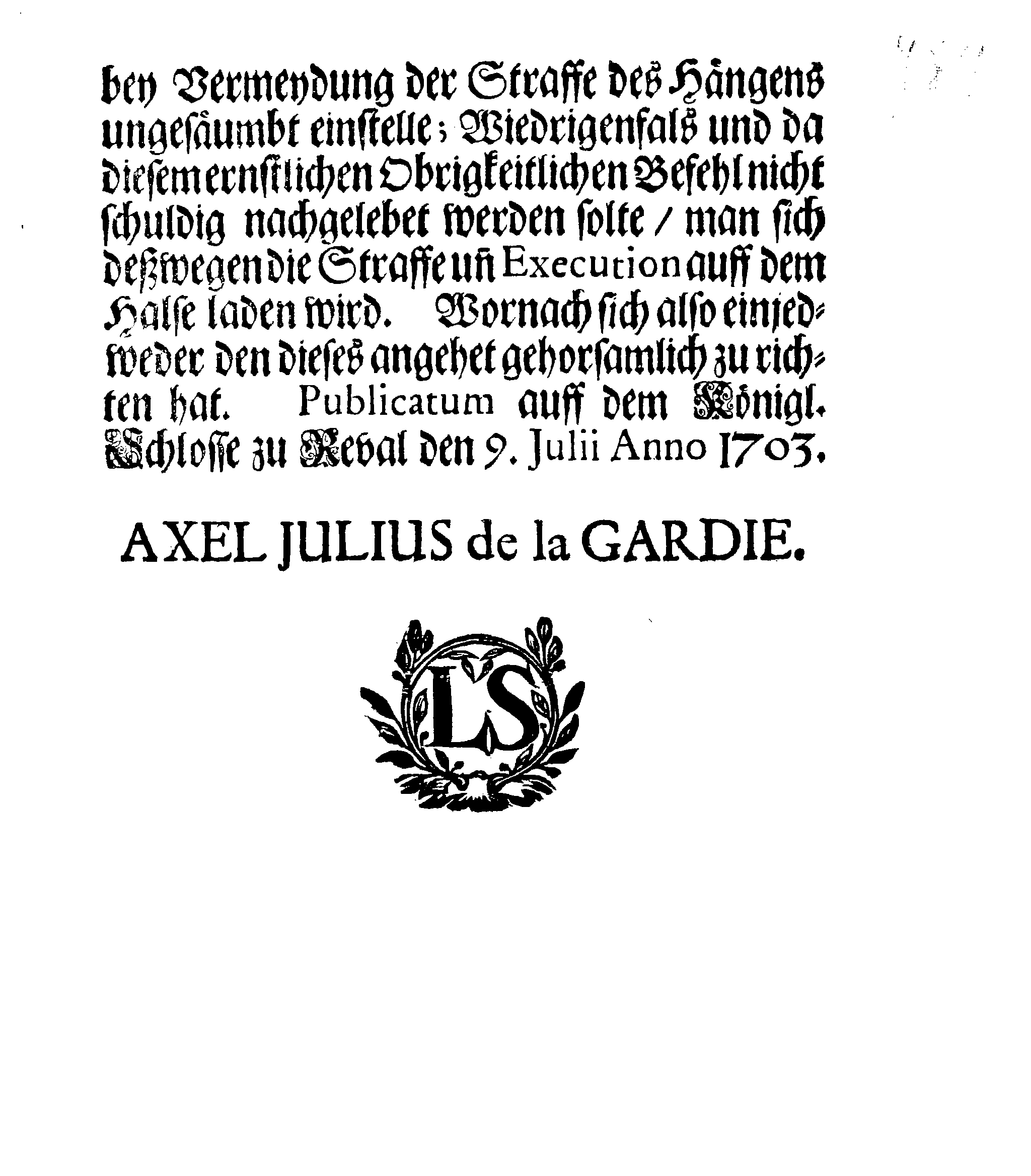 [Axel Julius De la Gardie korraldus]