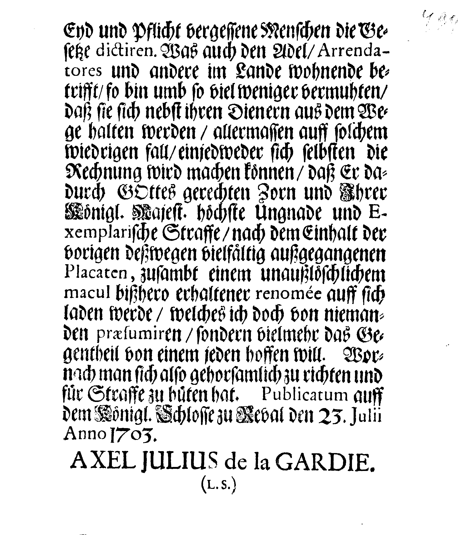 [Axel Julius De la Gardie korraldus]