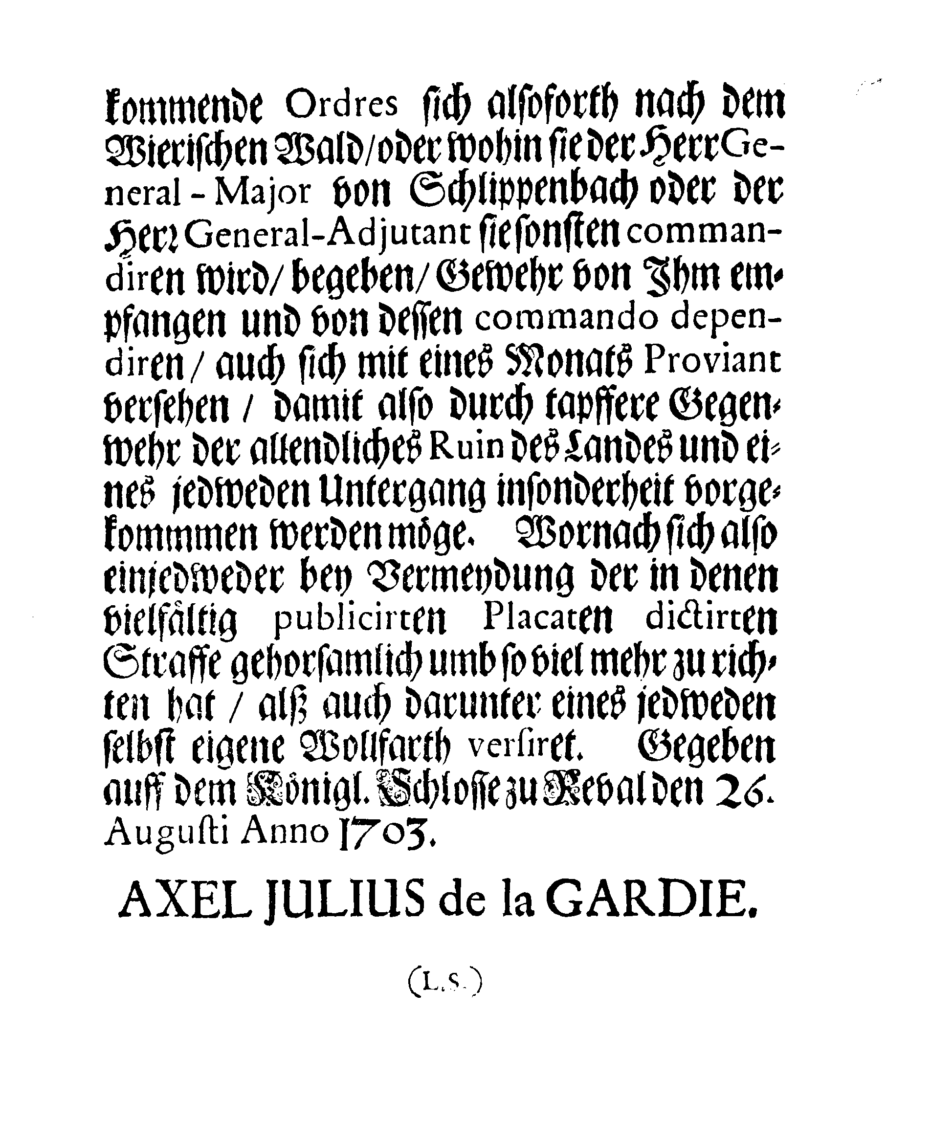 [Axel Julius De la Gardie korraldus]