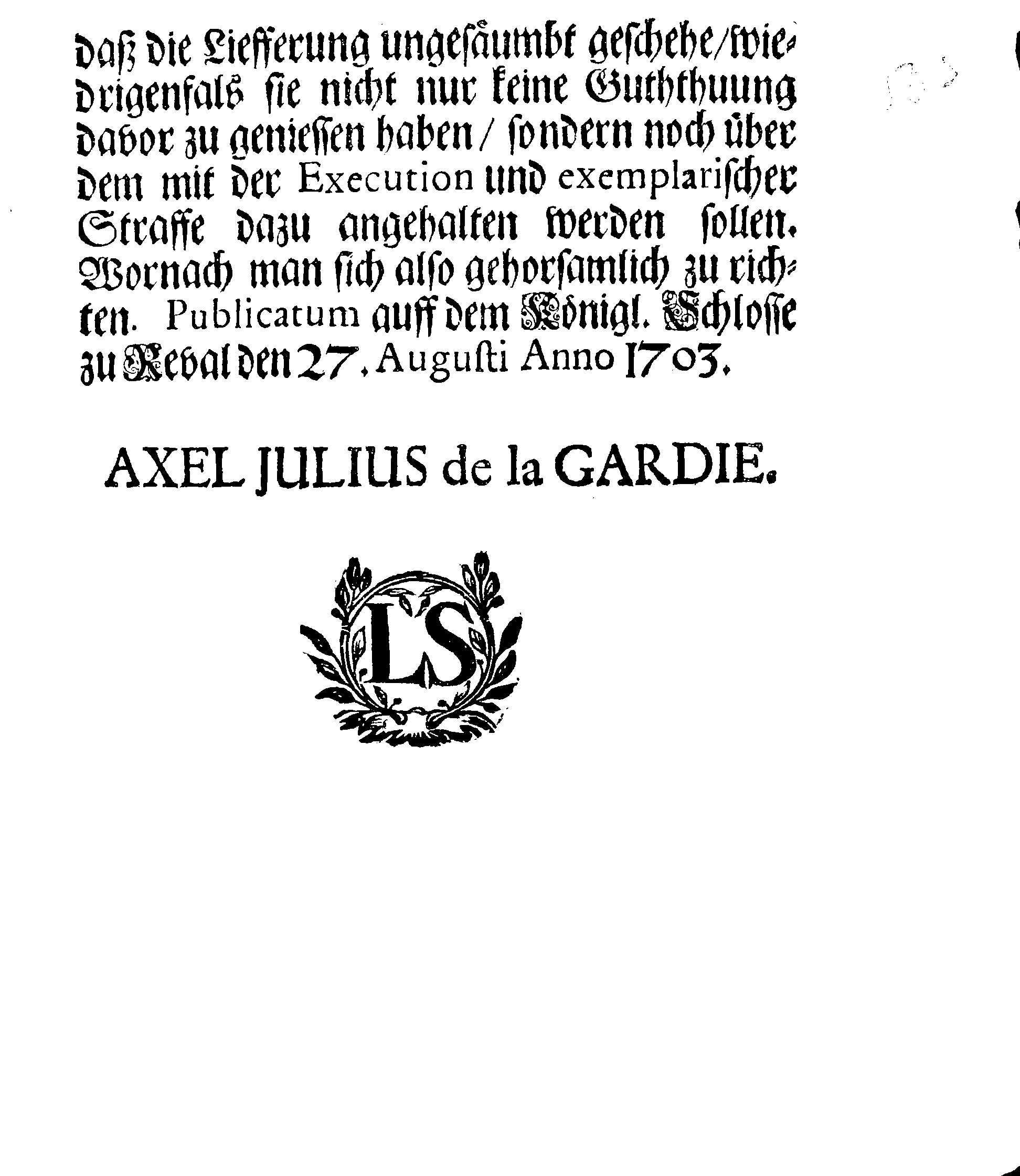 [Axel Julius De la Gardie korraldus]