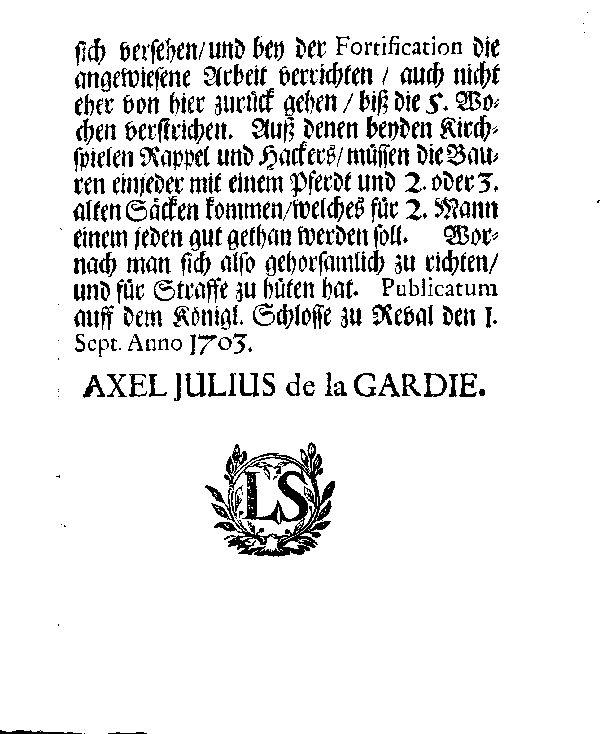 [Axel Julius De la Gardie korraldus]