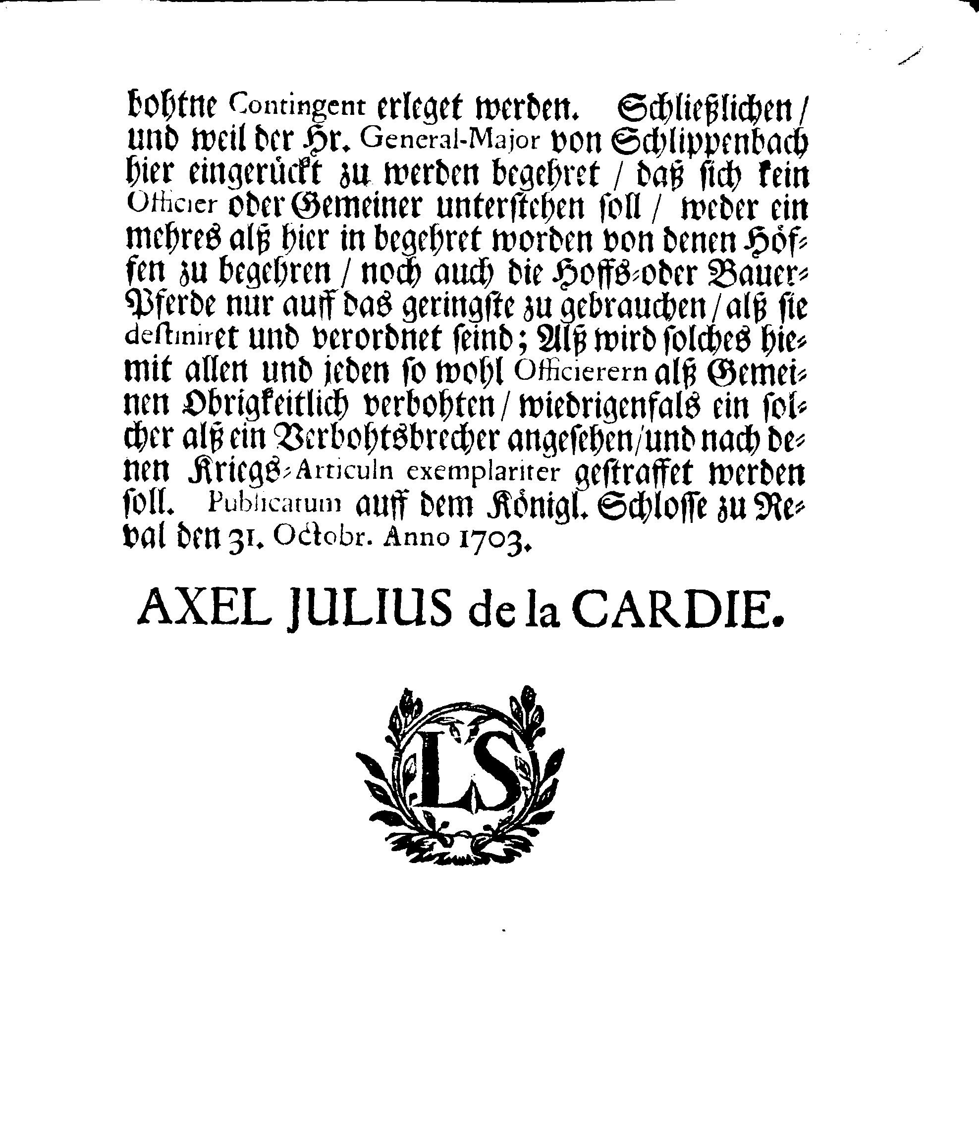 [Axel Julius De la Gardie korraldus]