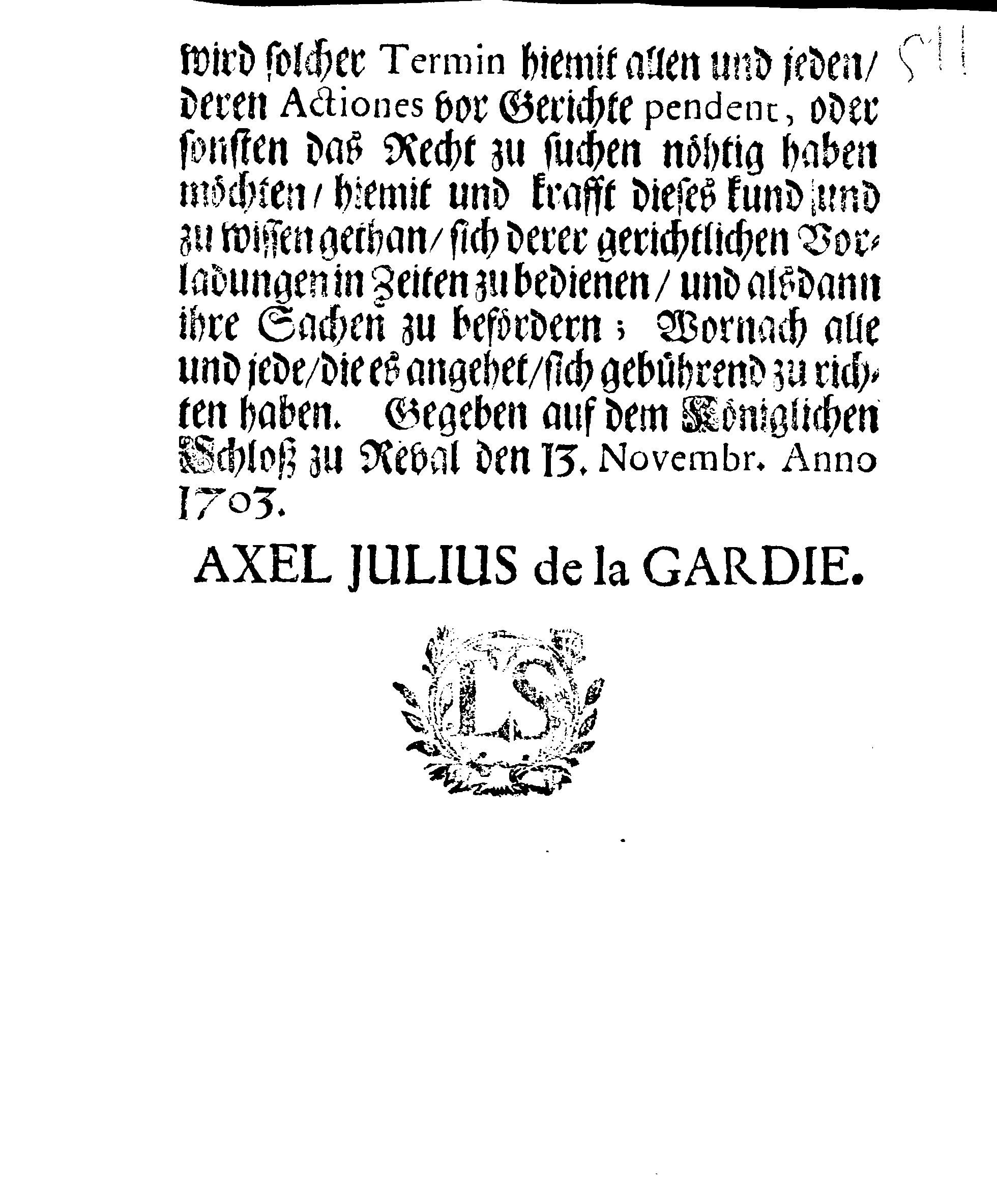 [Axel Julius De la Gardie korraldus]