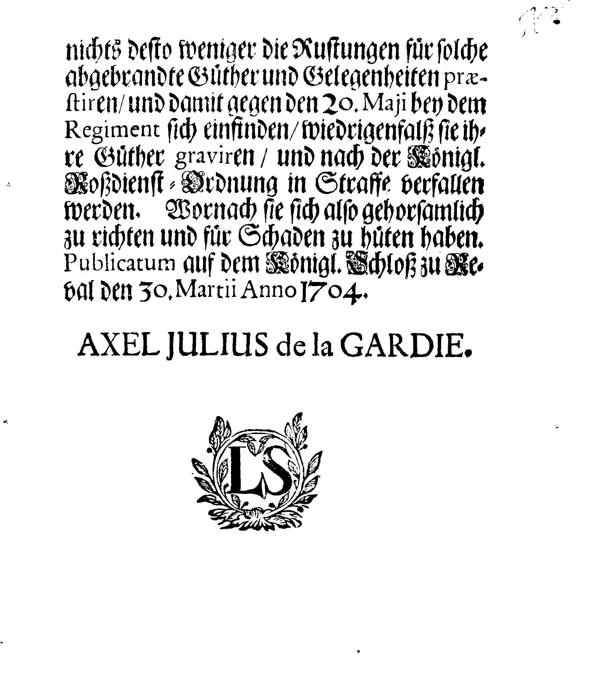 [Axel Julius De la Gardie korraldus]