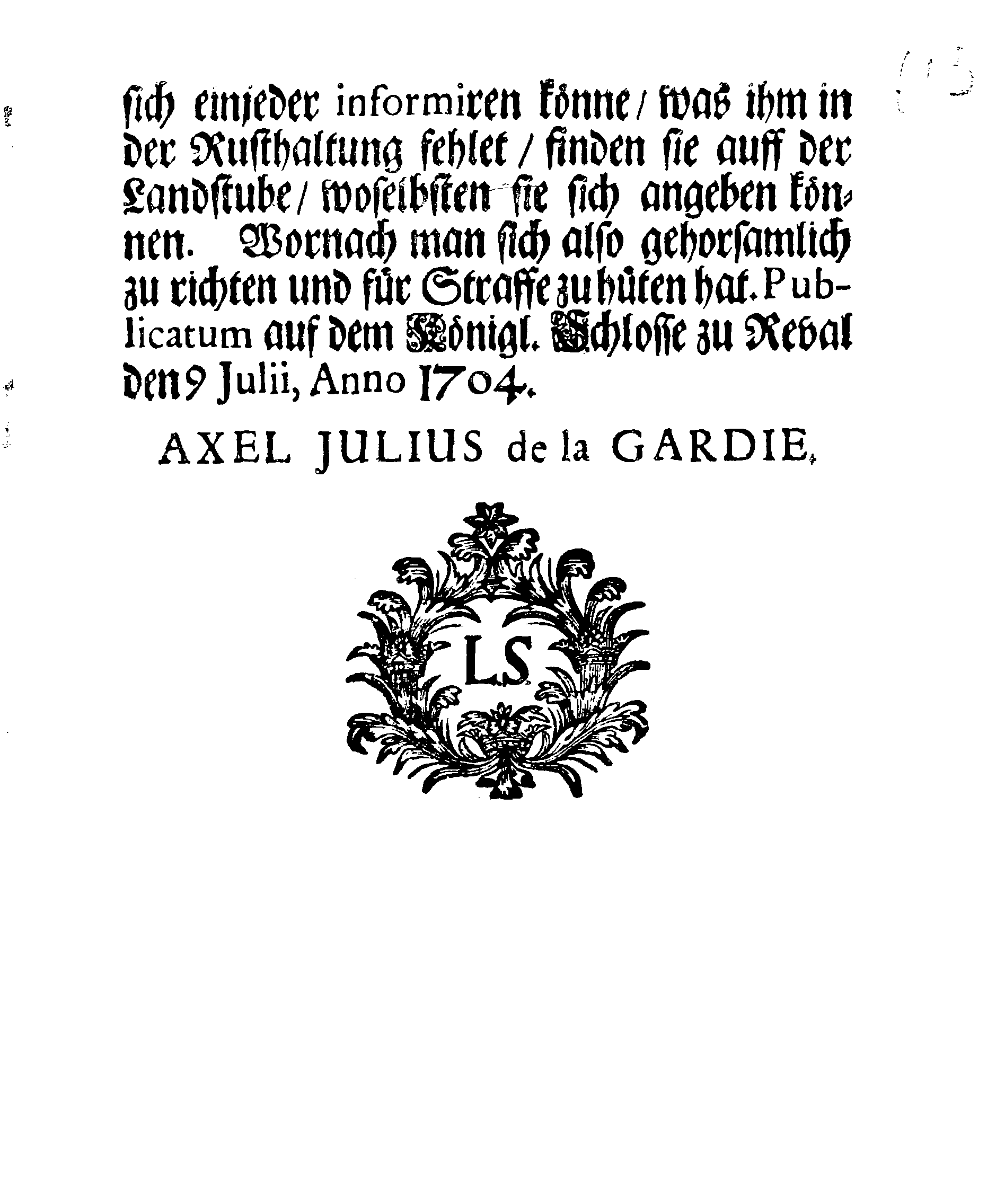 [Axel Julius De la Gardie korraldus]