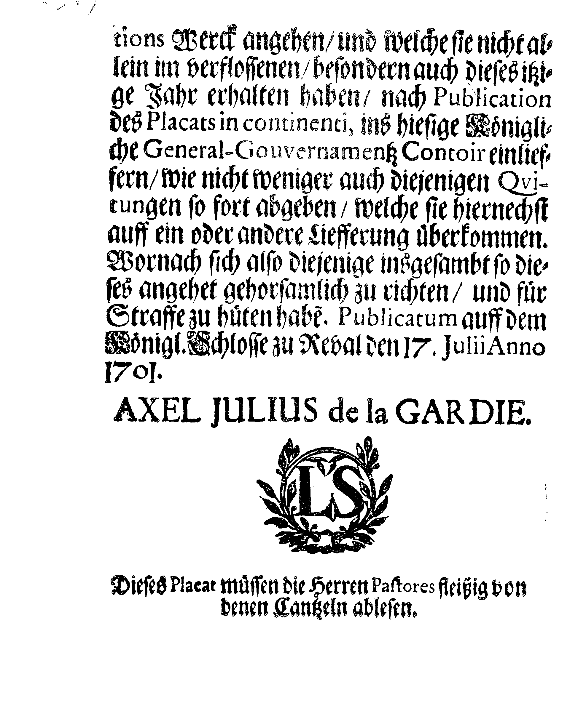 [Axel Julius De la Gardie korraldus]