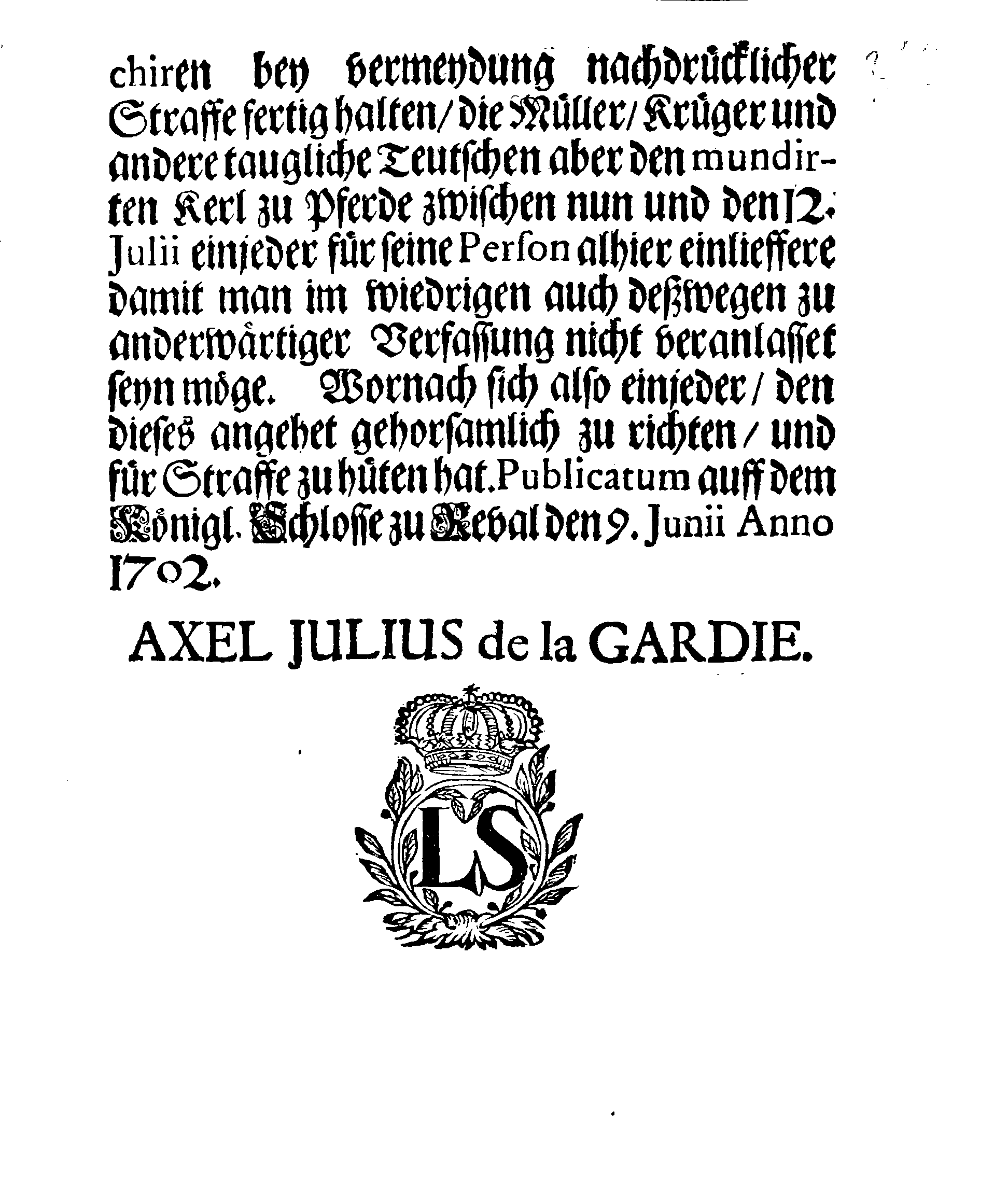 [Axel Julius De la Gardie korraldus]