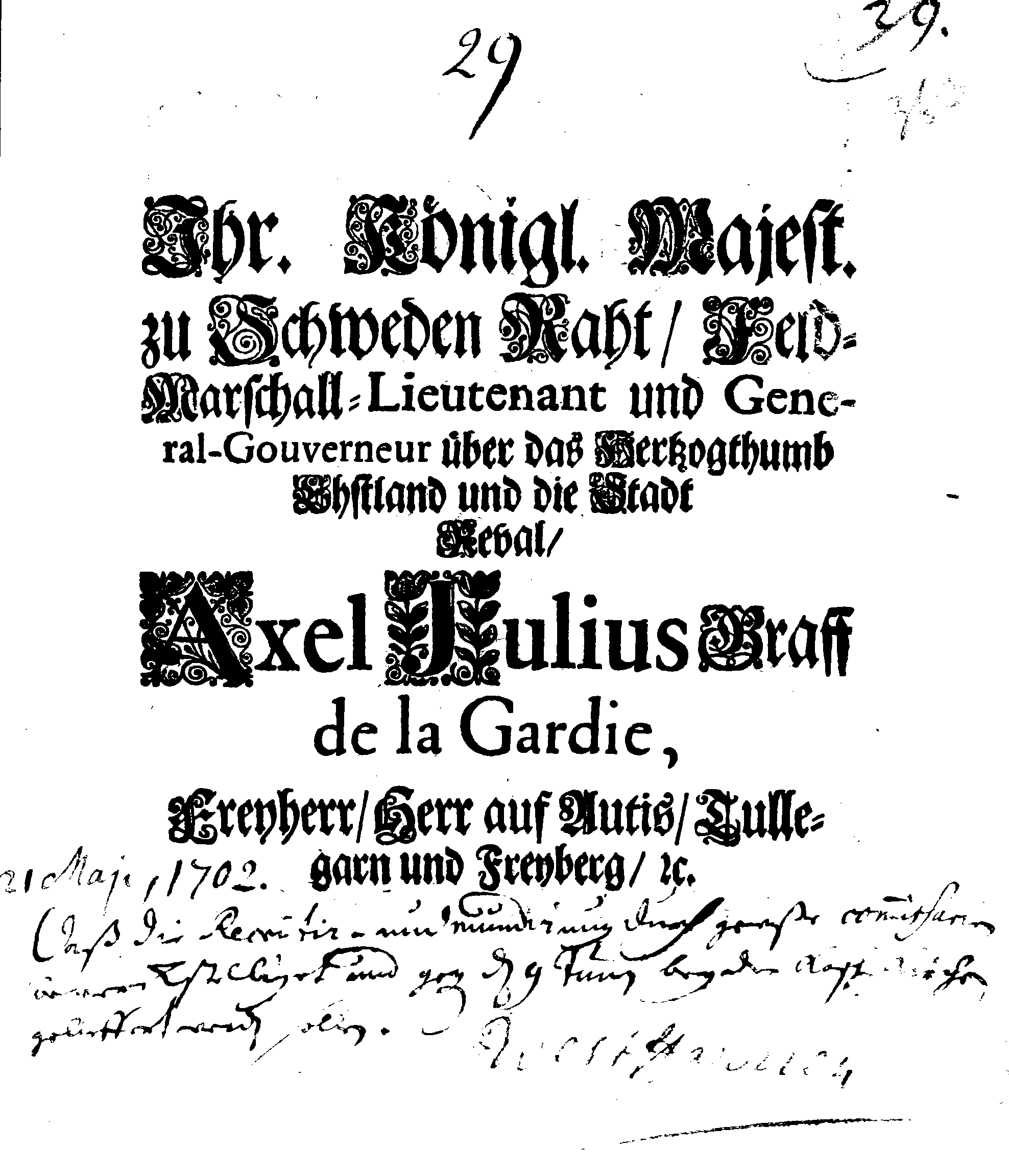 [Axel Julius De la Gardie korraldus]