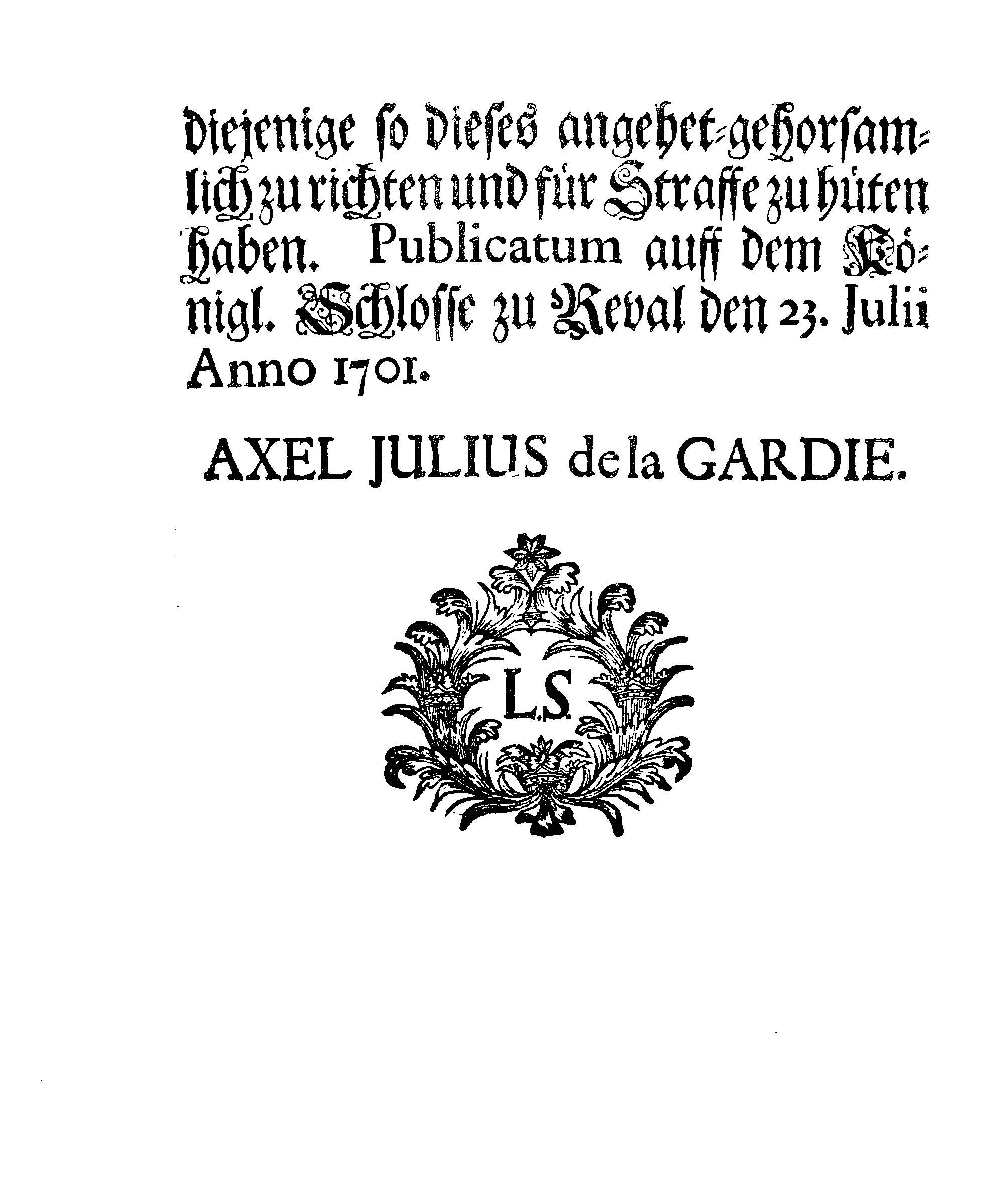 [Axel Julius De la Gardie korraldus]