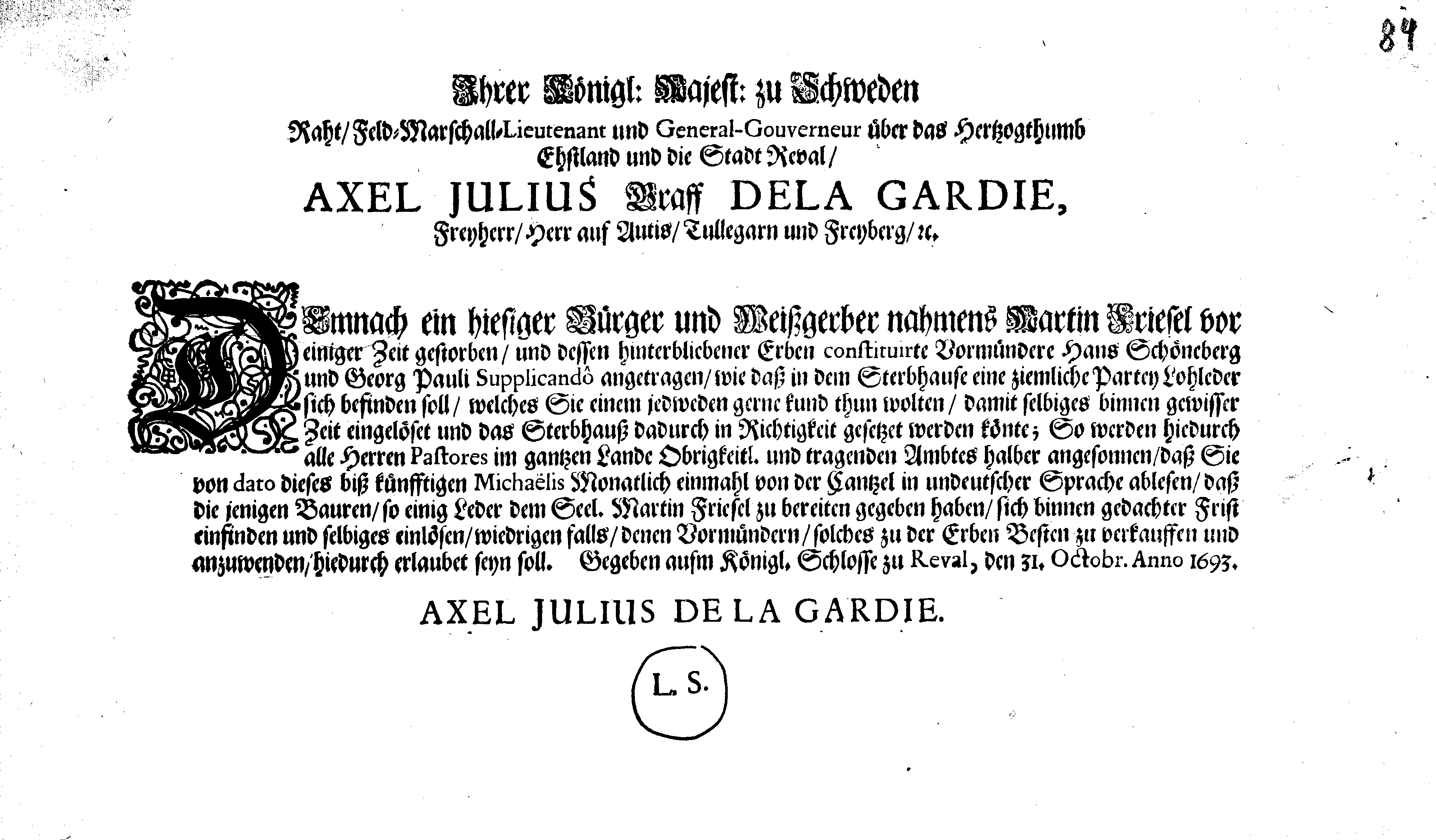 [Axel Julius De la Gardie korraldus]