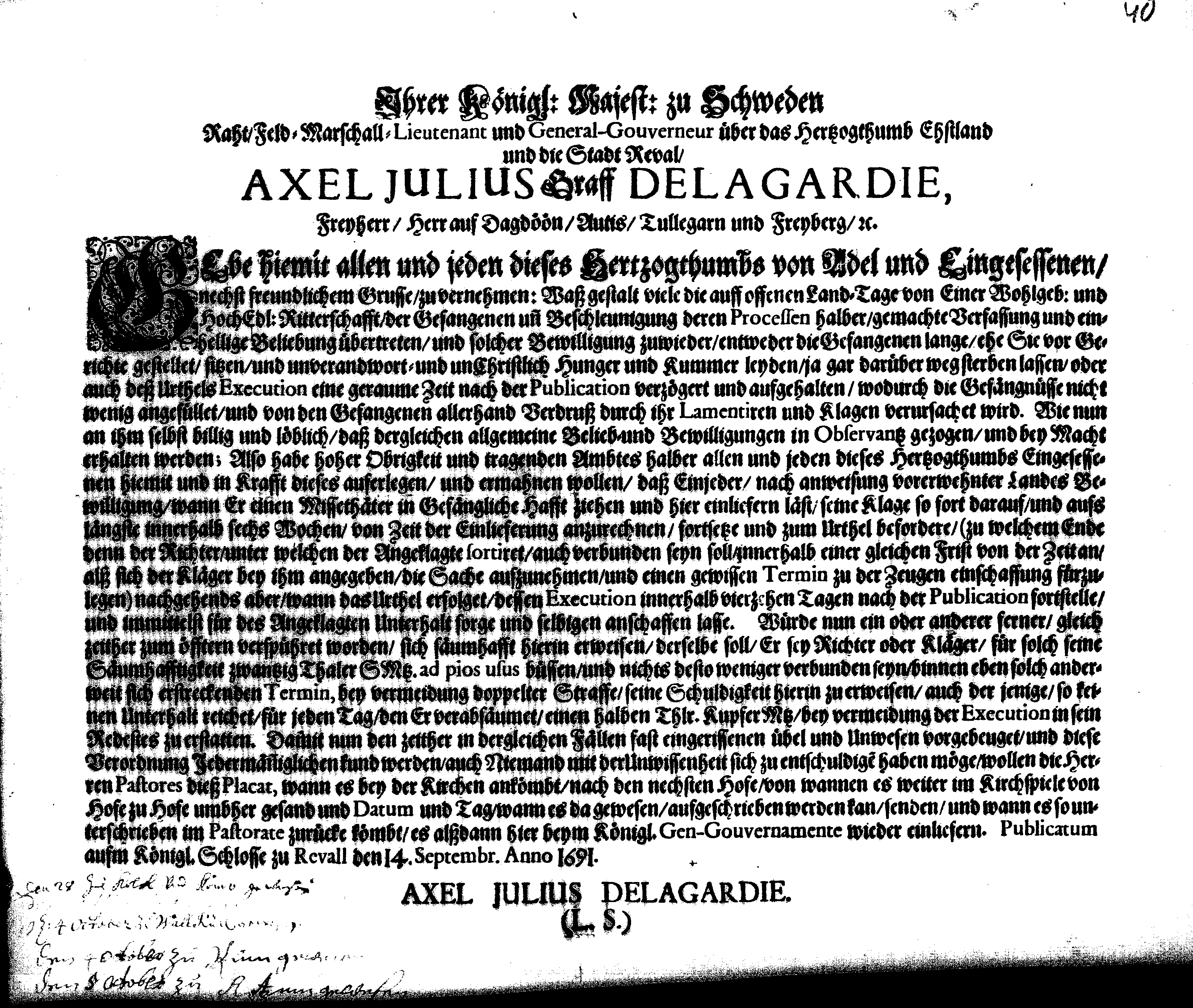 [Axel Julius De la Gardie korraldus]