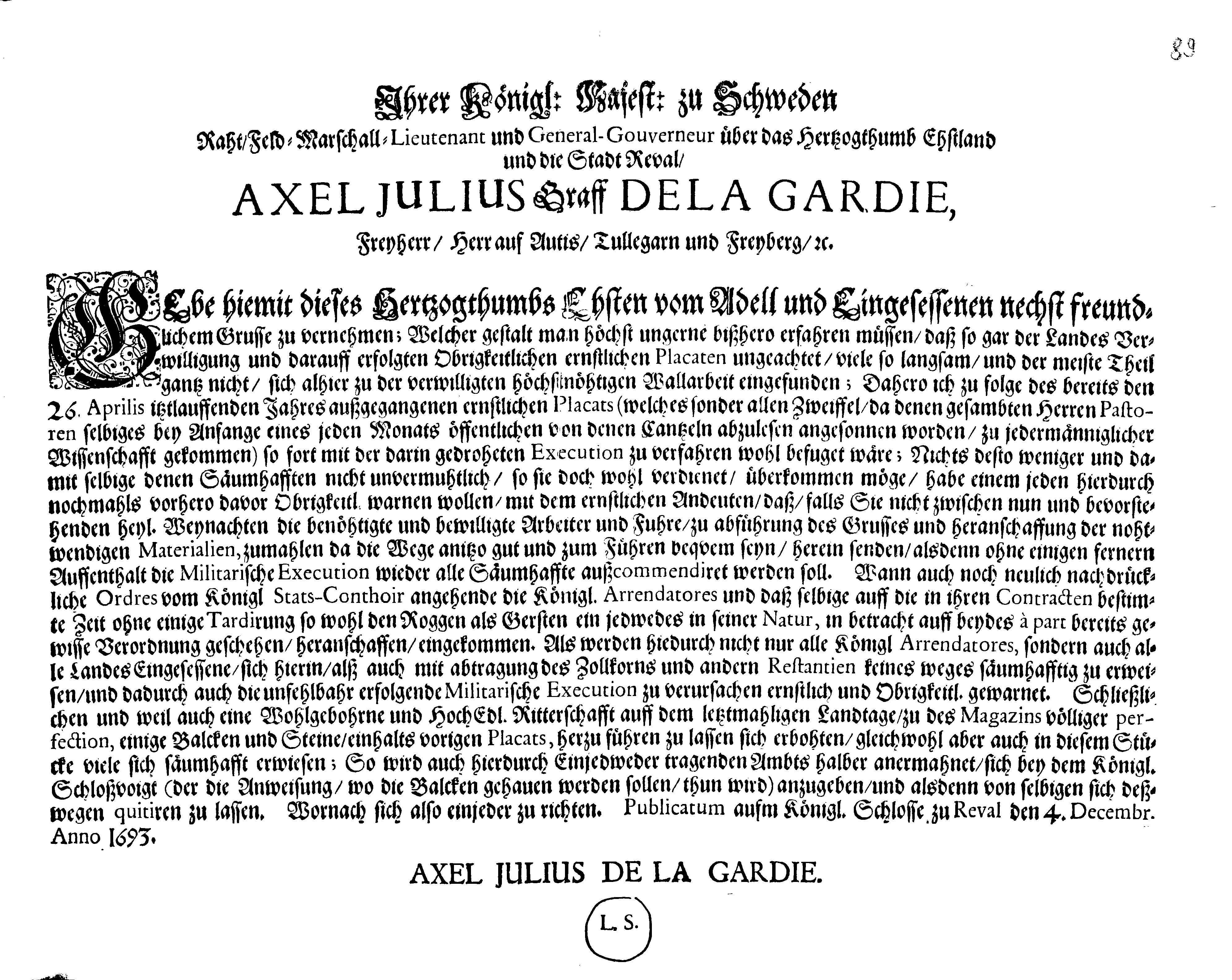 [Axel Julius De la Gardie korraldus]