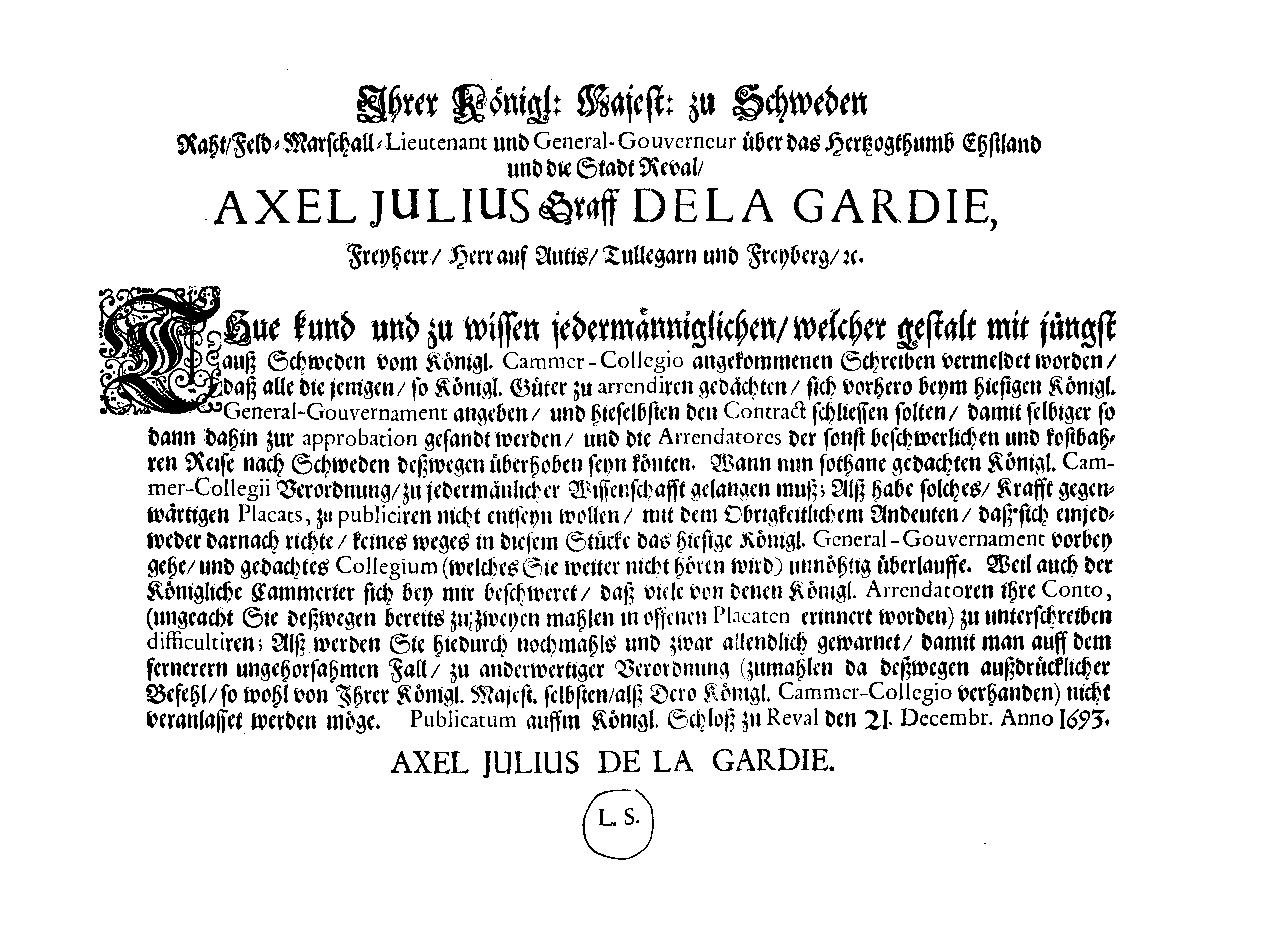 [Axel Julius De la Gardie korraldus]