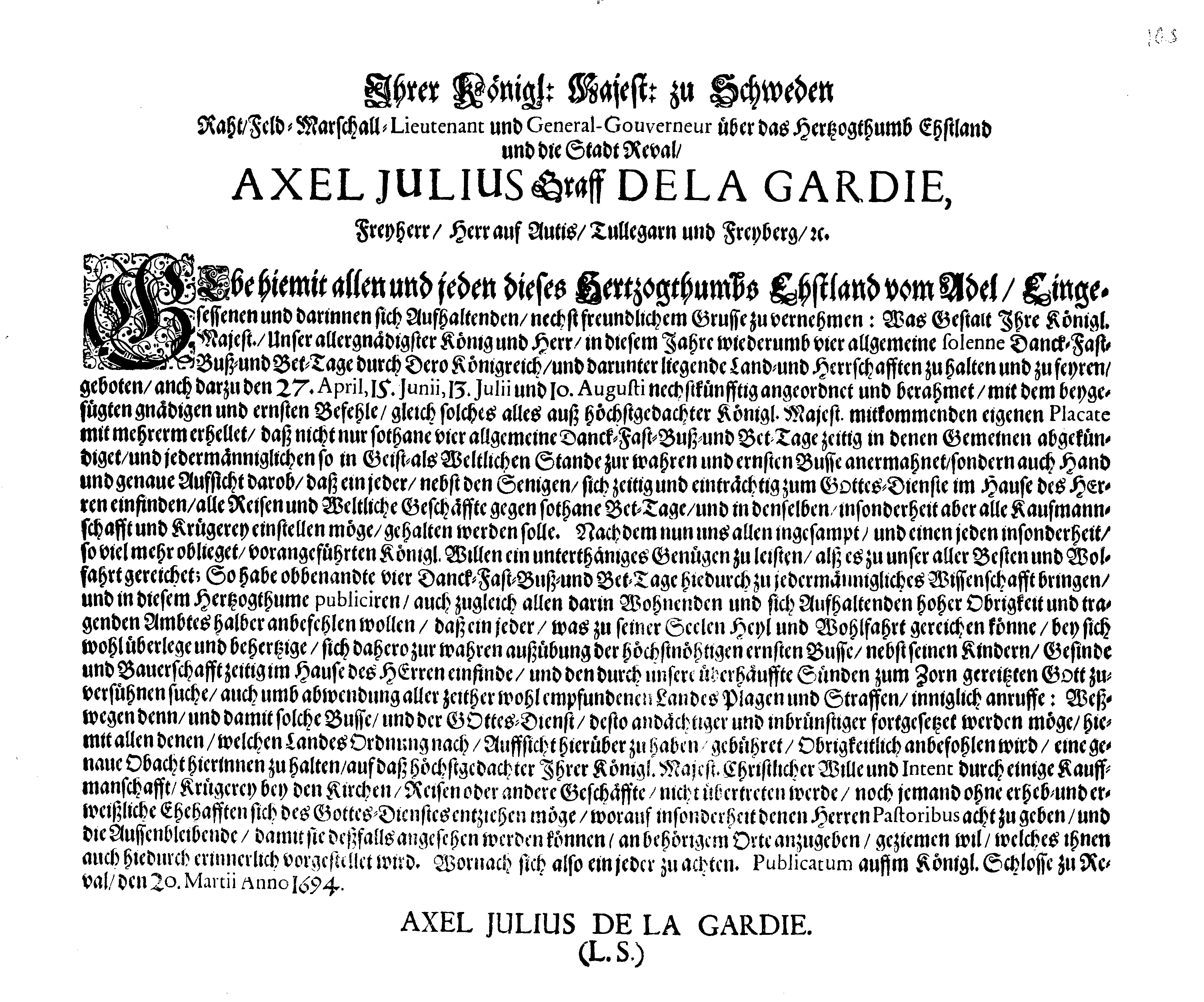 [Axel Julius De la Gardie korraldus]