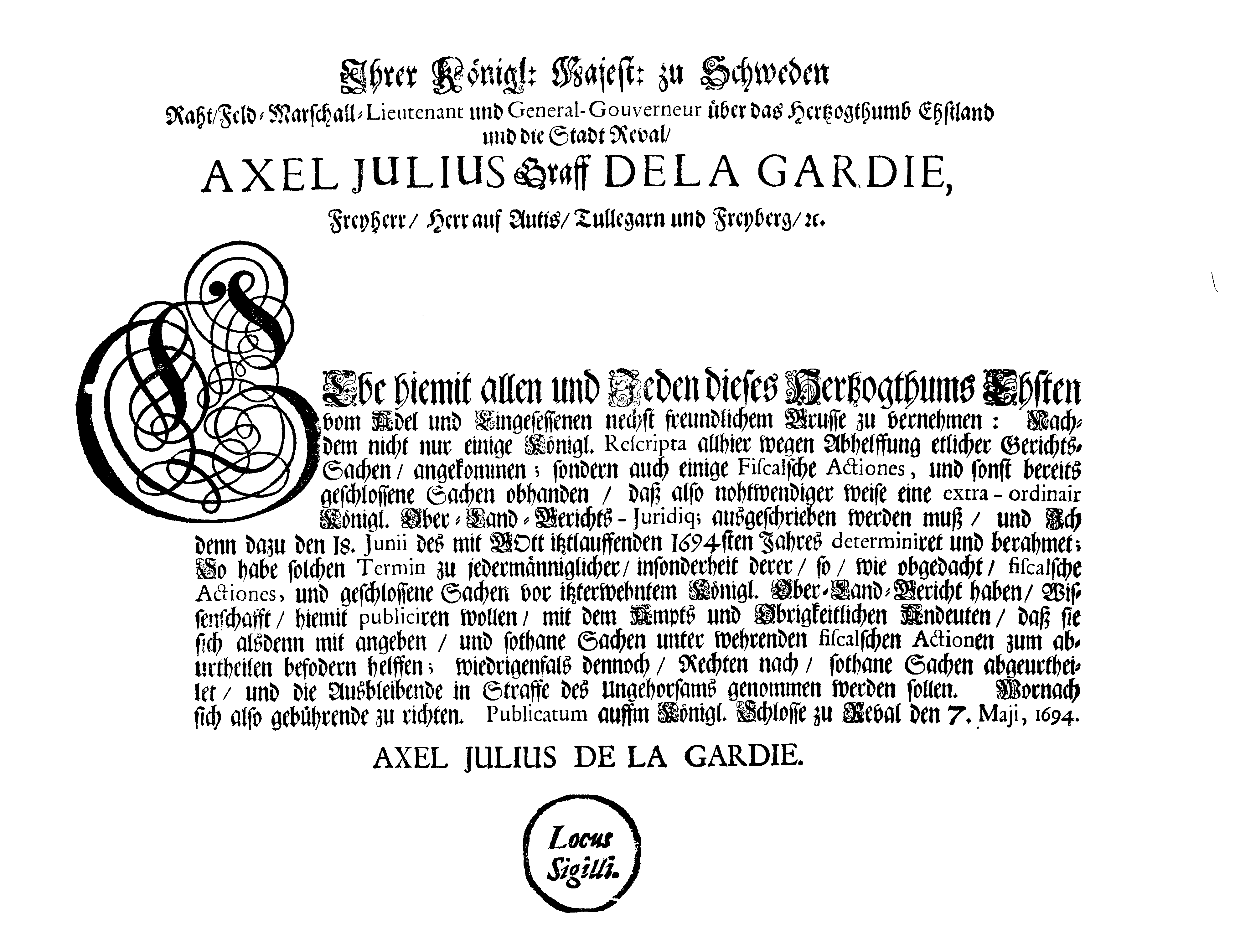 [Axel Julius De la Gardie korraldus]