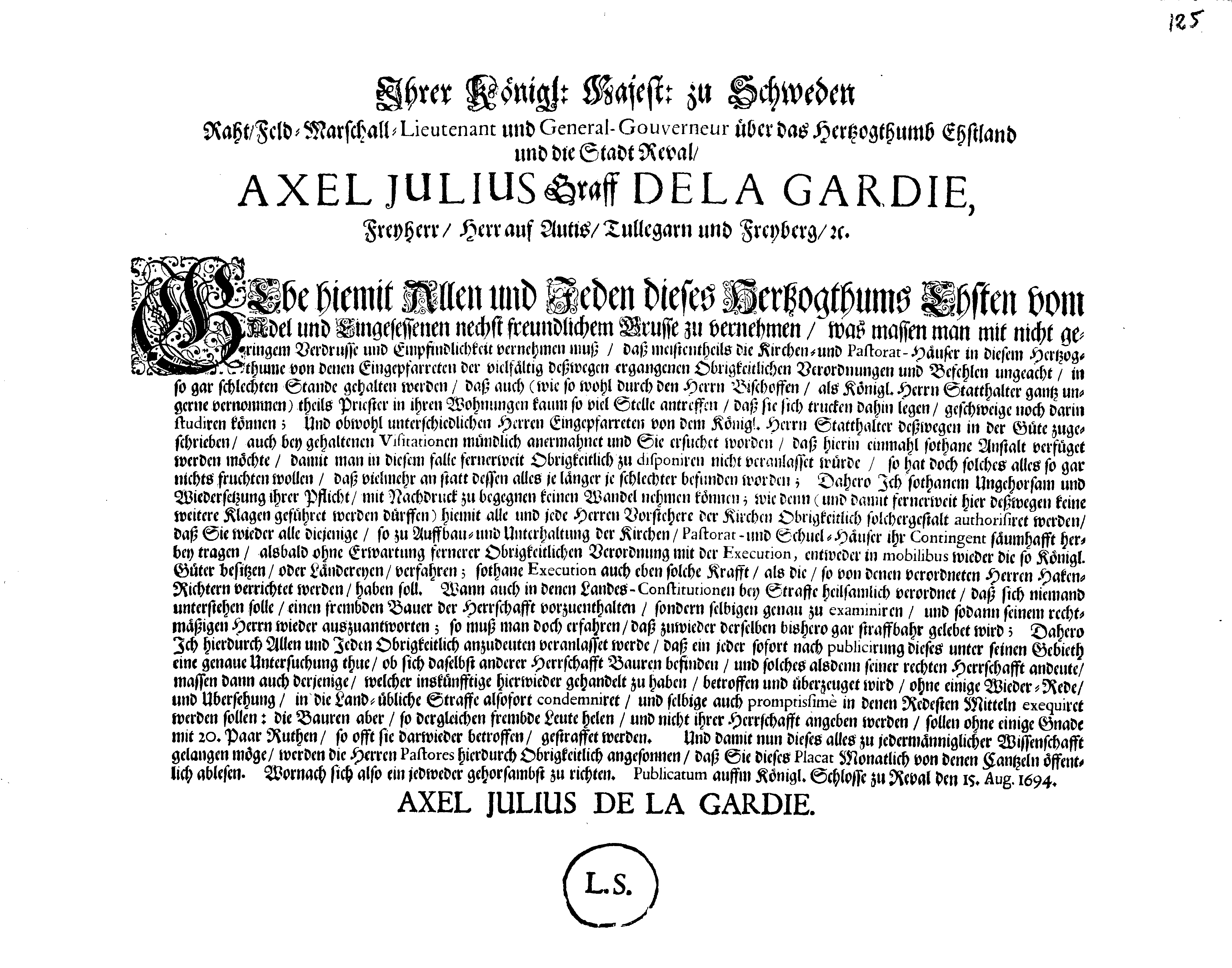 [Axel Julius De la Gardie korraldus]