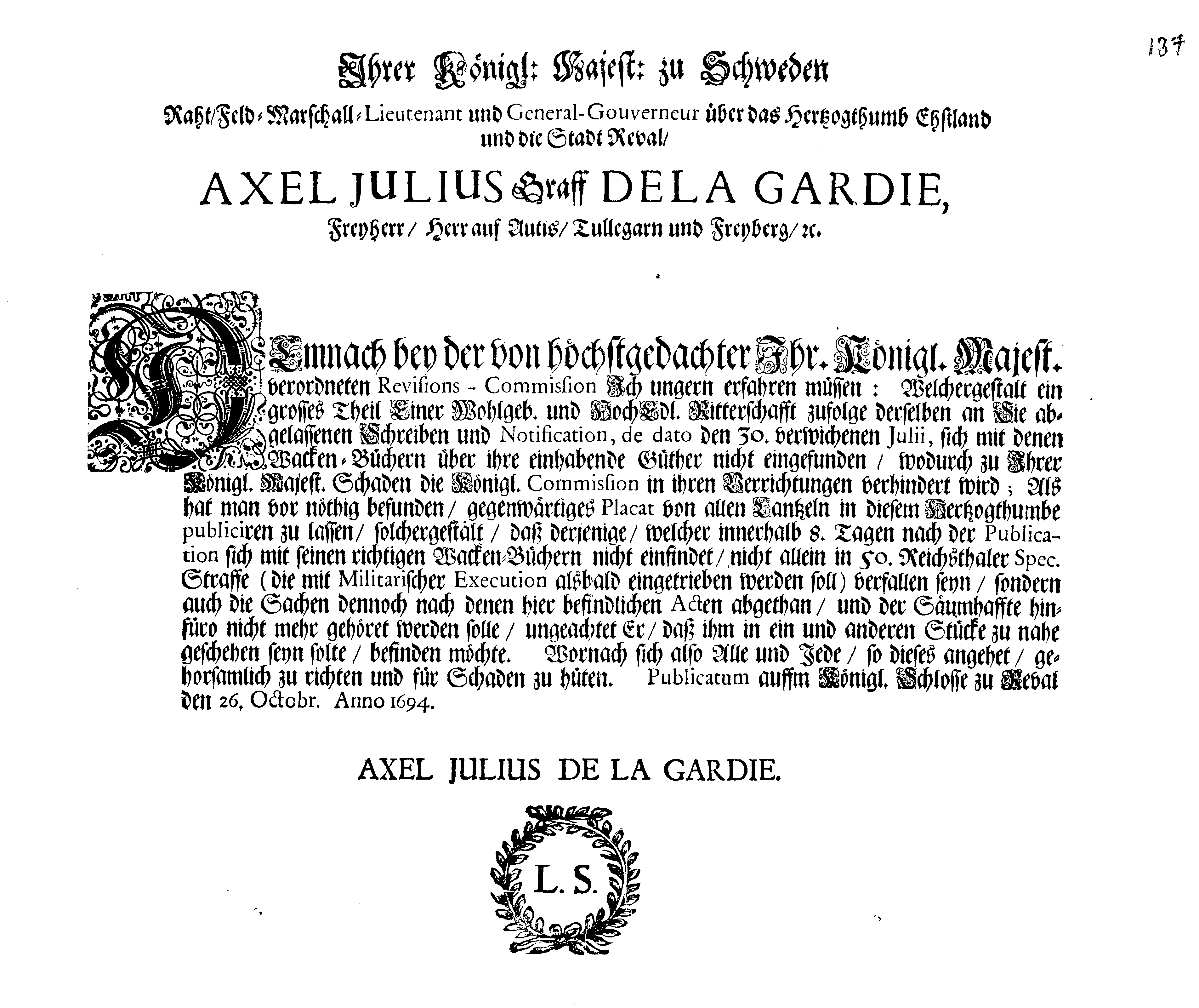 [Axel Julius De la Gardie korraldus]