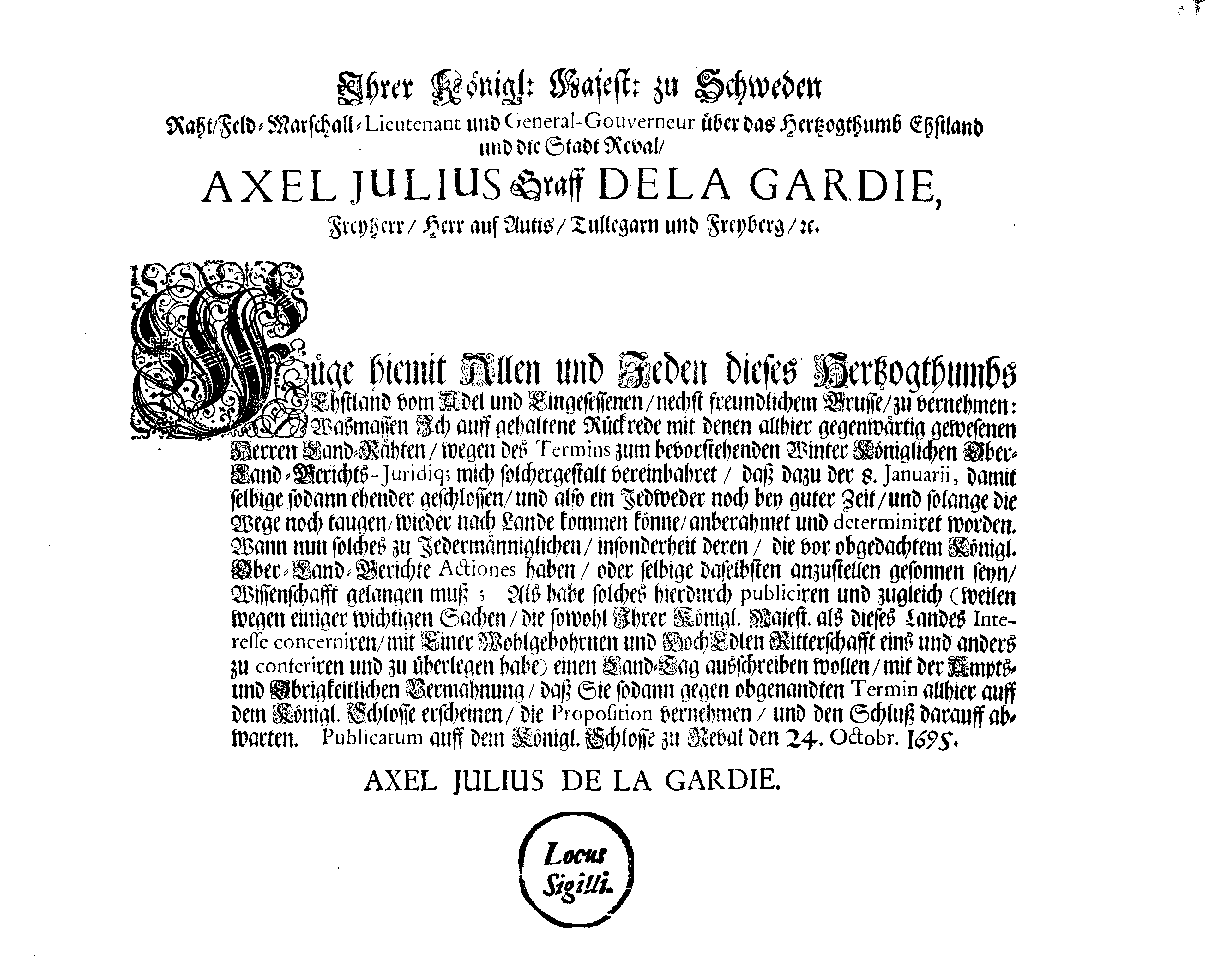 [Axel Julius De la Gardie korraldus]