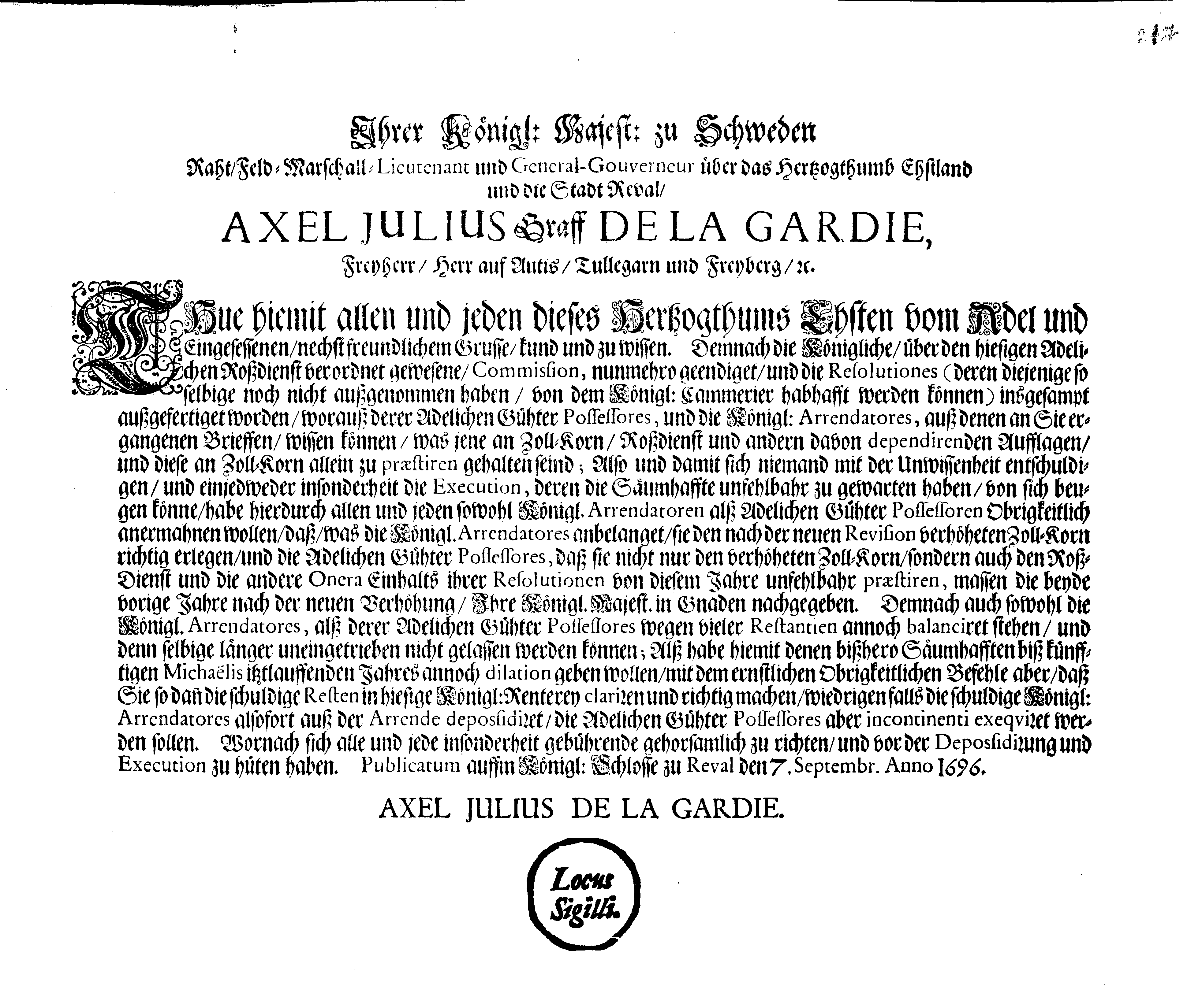 [Axel Julius De la Gardie korraldus]