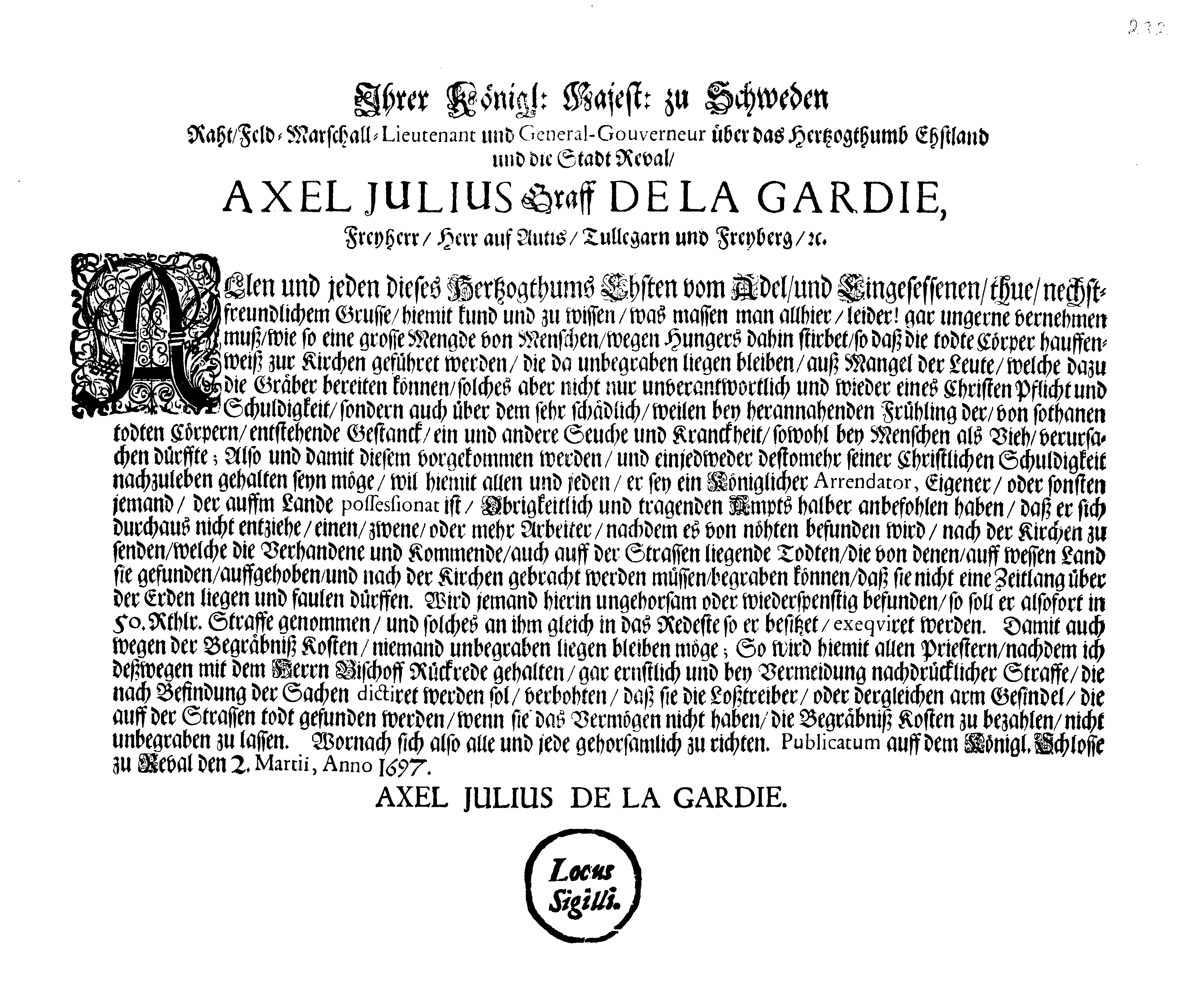 [Axel Julius De la Gardie korraldus]