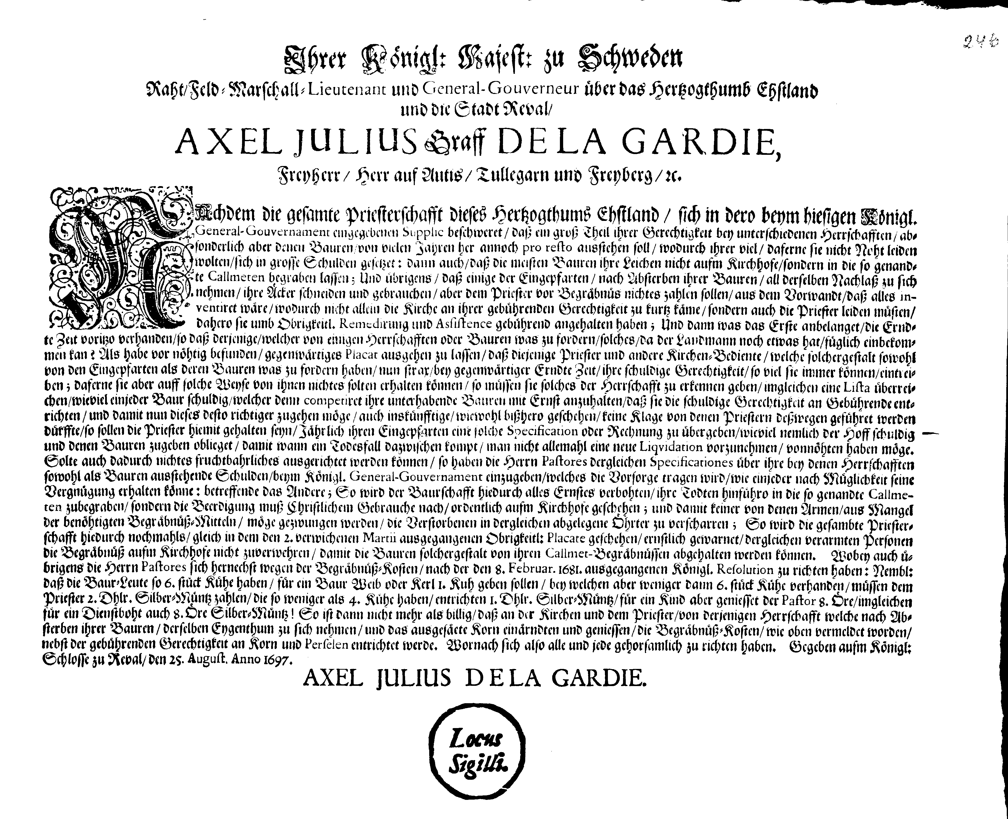 [Axel Julius De la Gardie korraldus]