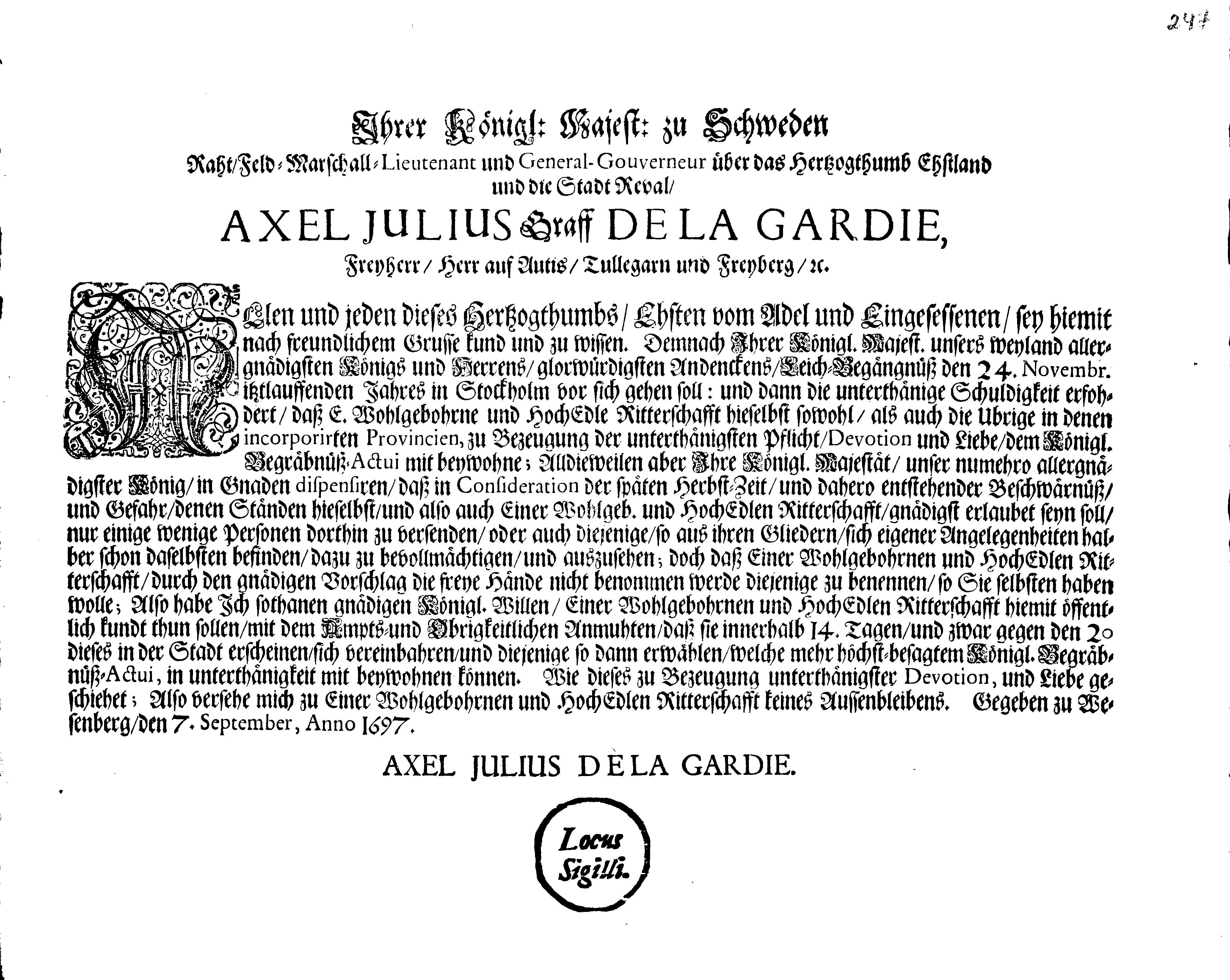 [Axel Julius De la Gardie korraldus]