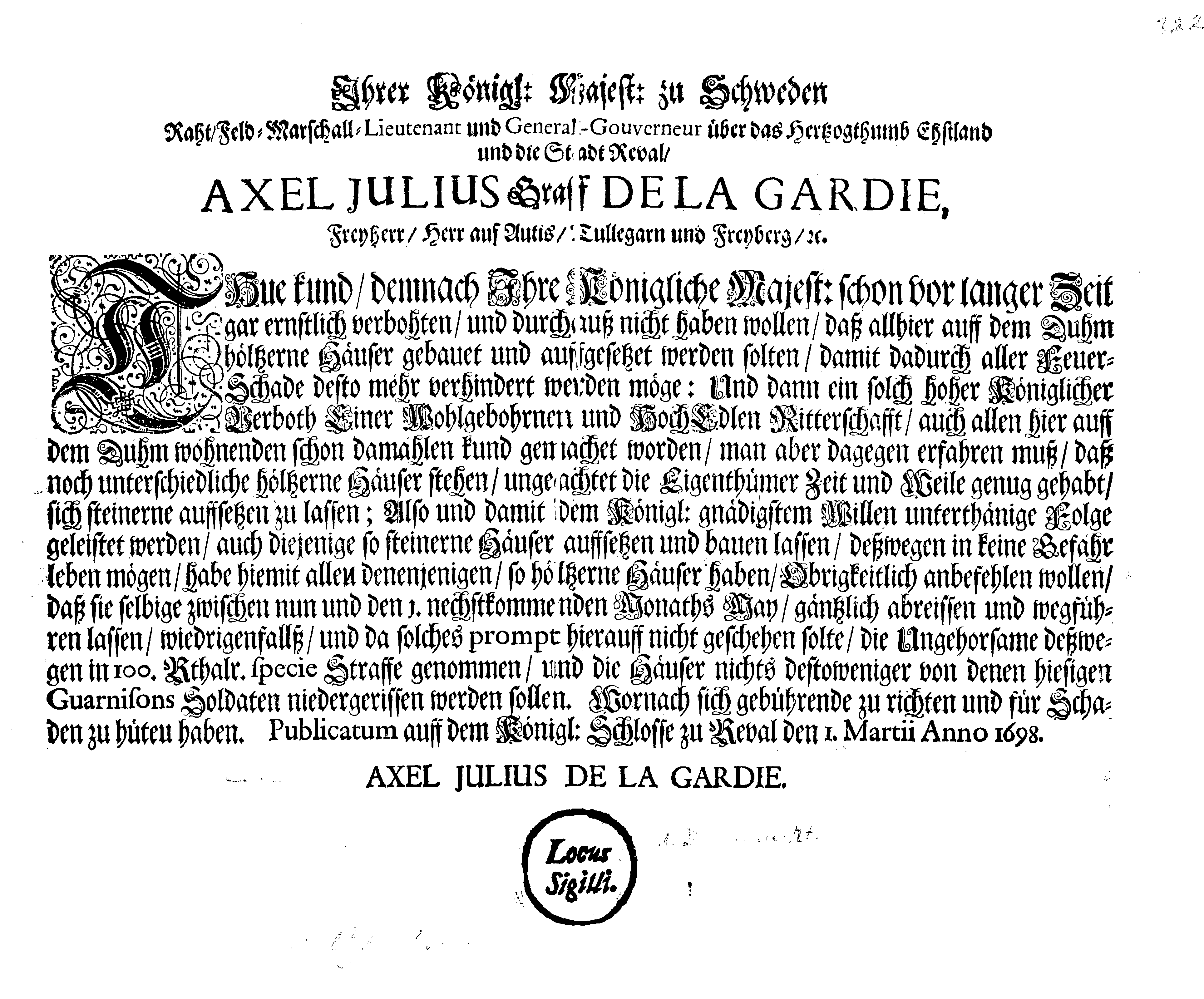 [Axel Julius De la Gardie korraldus]