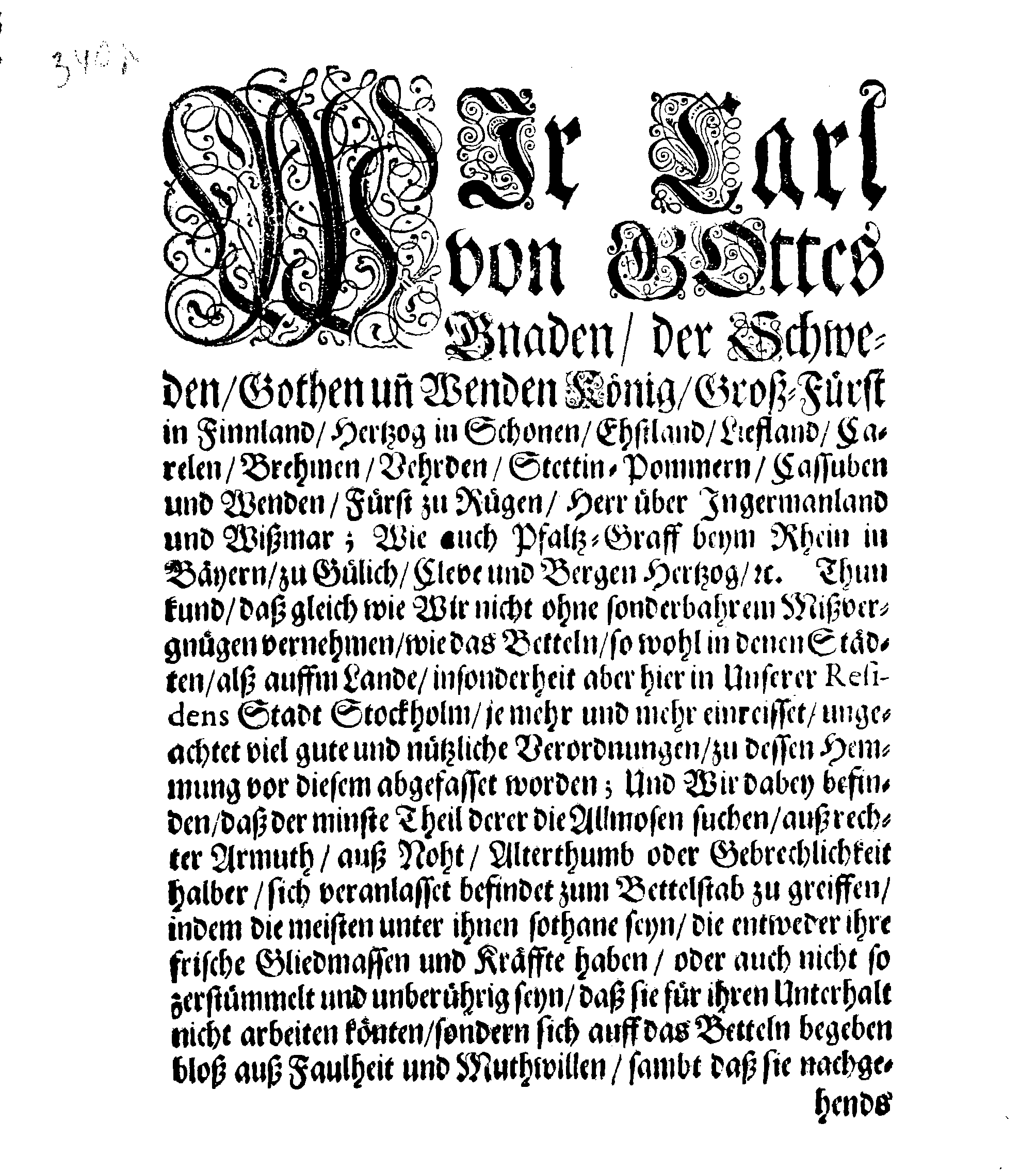 Ihrer Königl. Majest. Verneuerte STADGA und Verordnung, Wie mit denen Bettlern und Armen, die da recht Allmosen bedürffen, imgleichen mit denen Landstreichern und Faullentzern verhalten werden soll