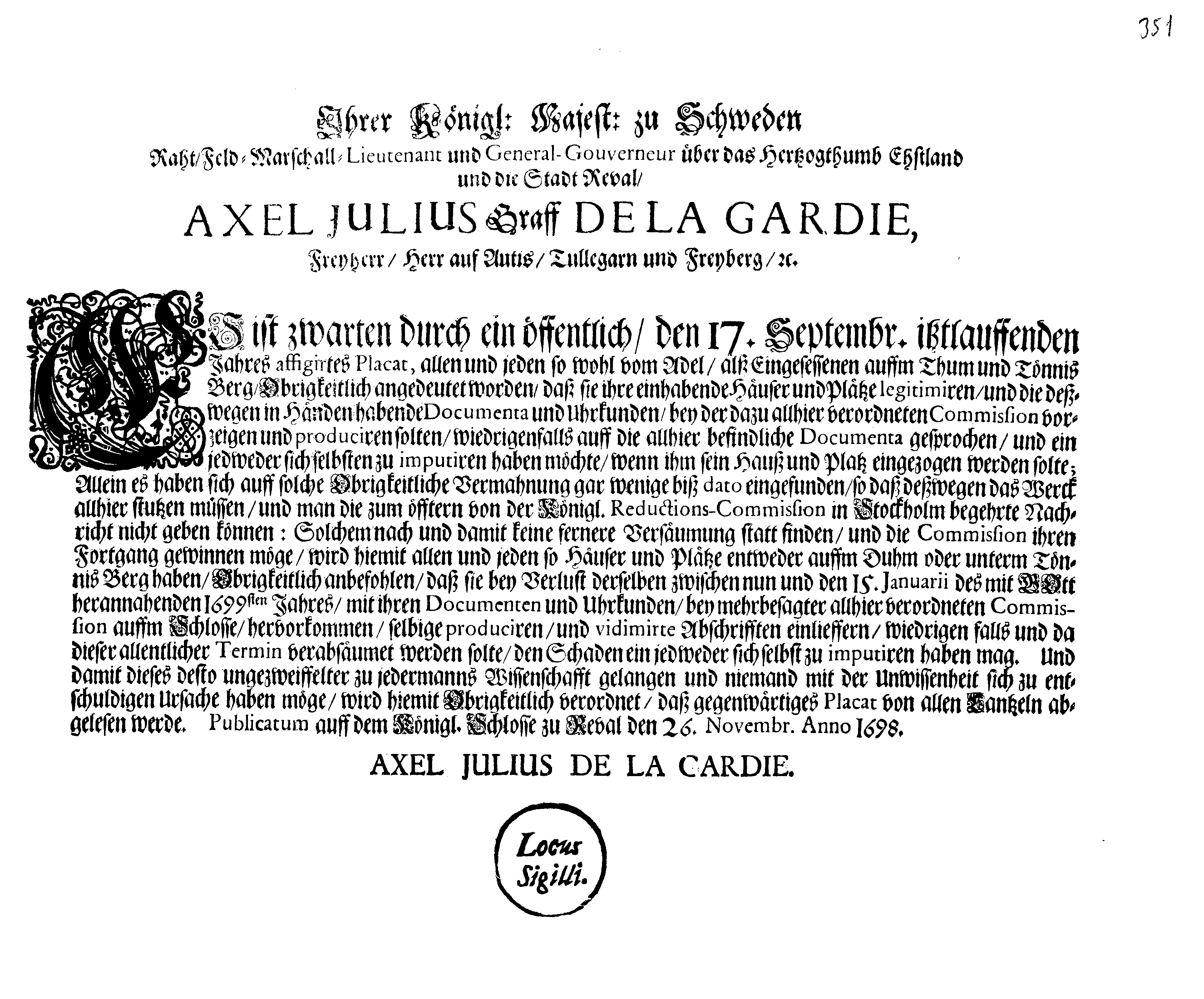 [Axel Julius De la Gardie korraldus]