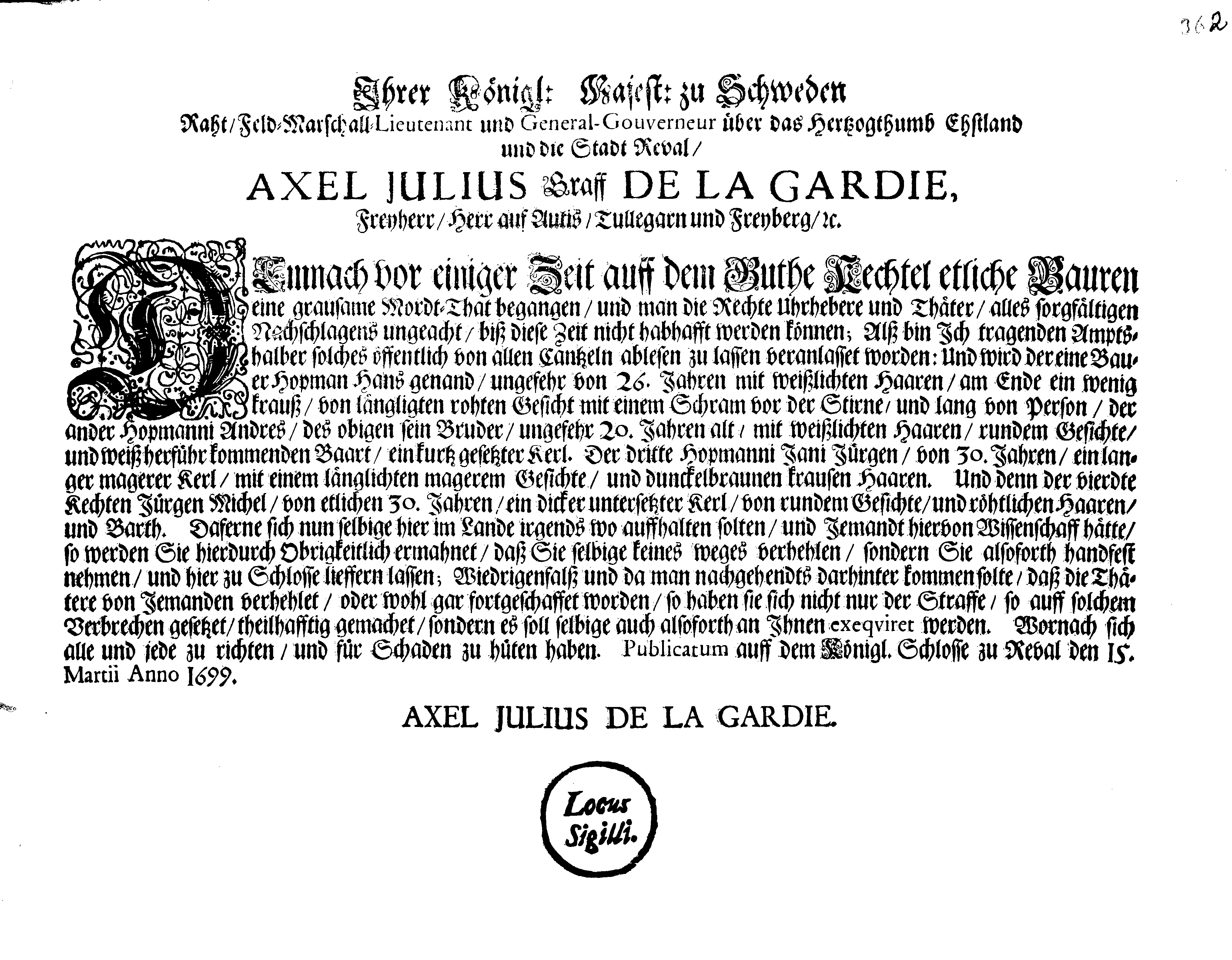 [Axel Julius De la Gardie korraldus]