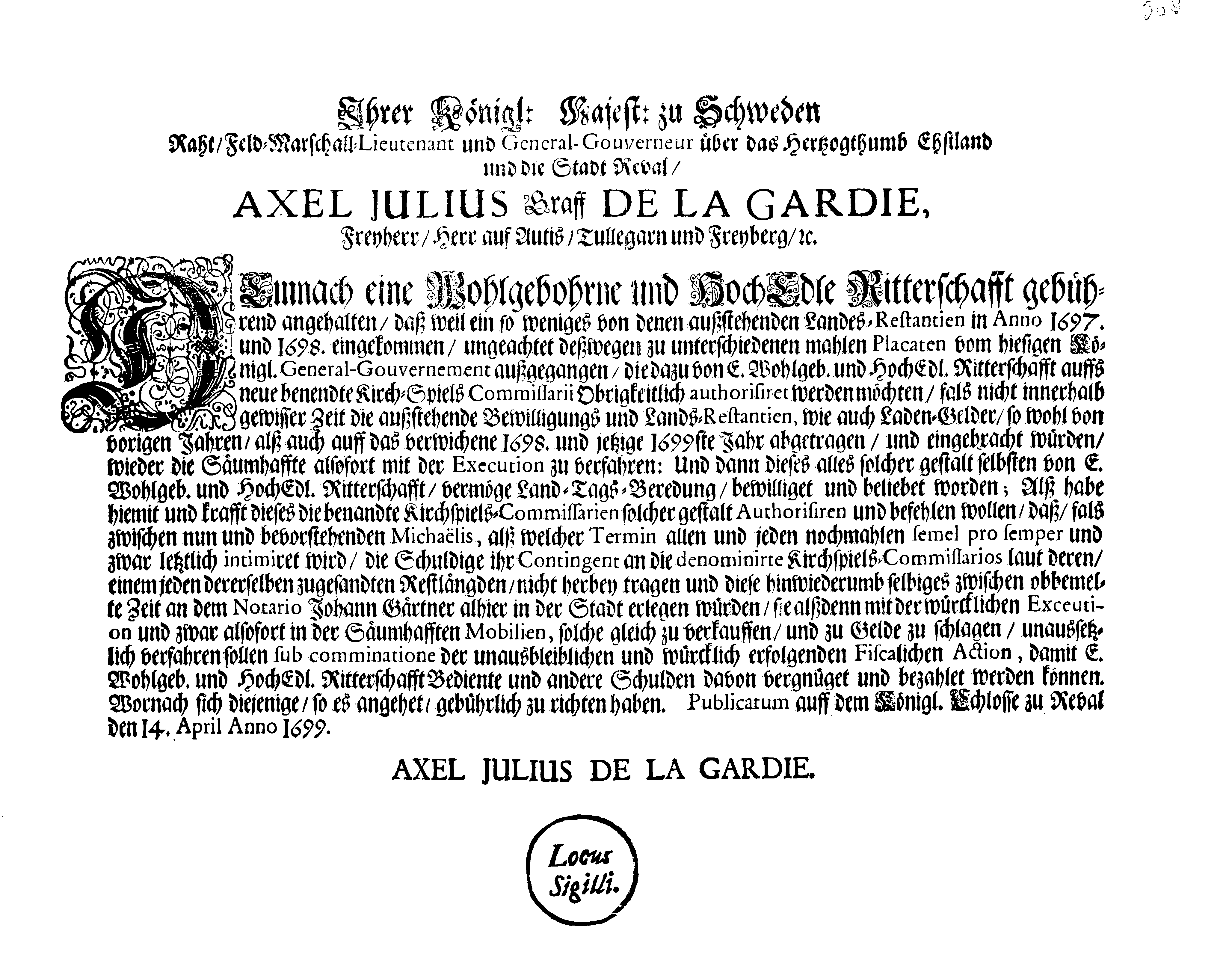 [Axel Julius De la Gardie korraldus]