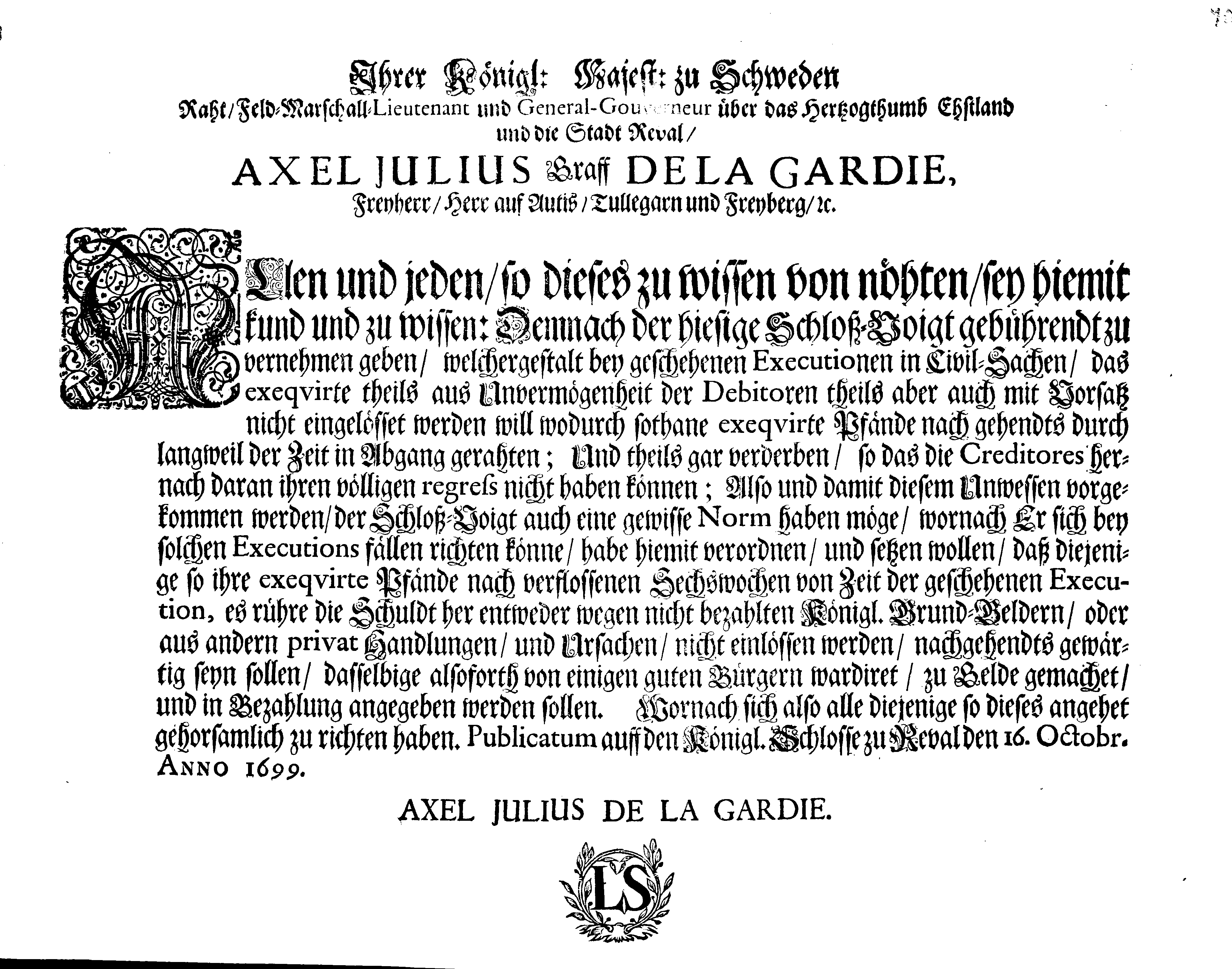 [Axel Julius De la Gardie korraldus]