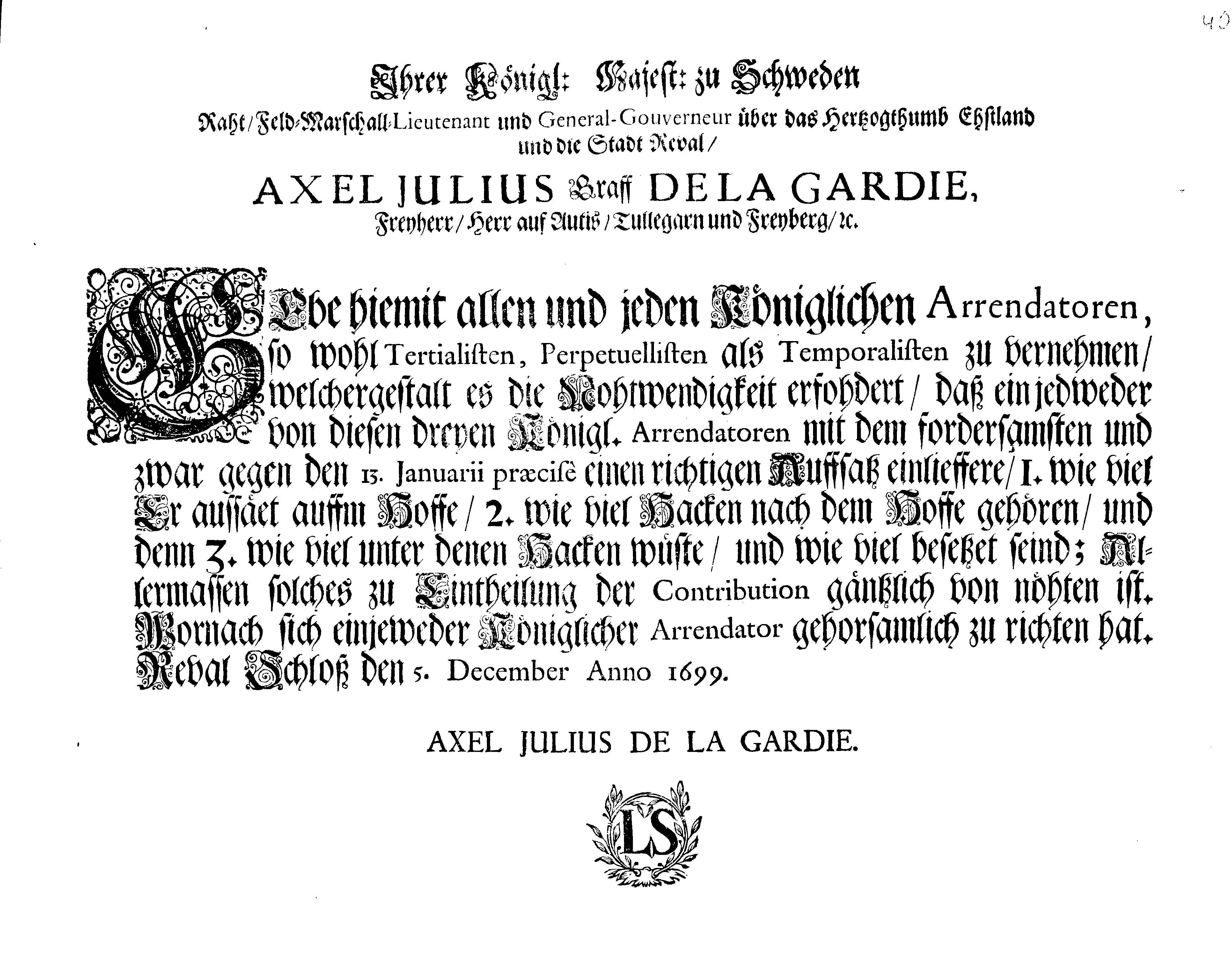 [Axel Julius De la Gardie korraldus]