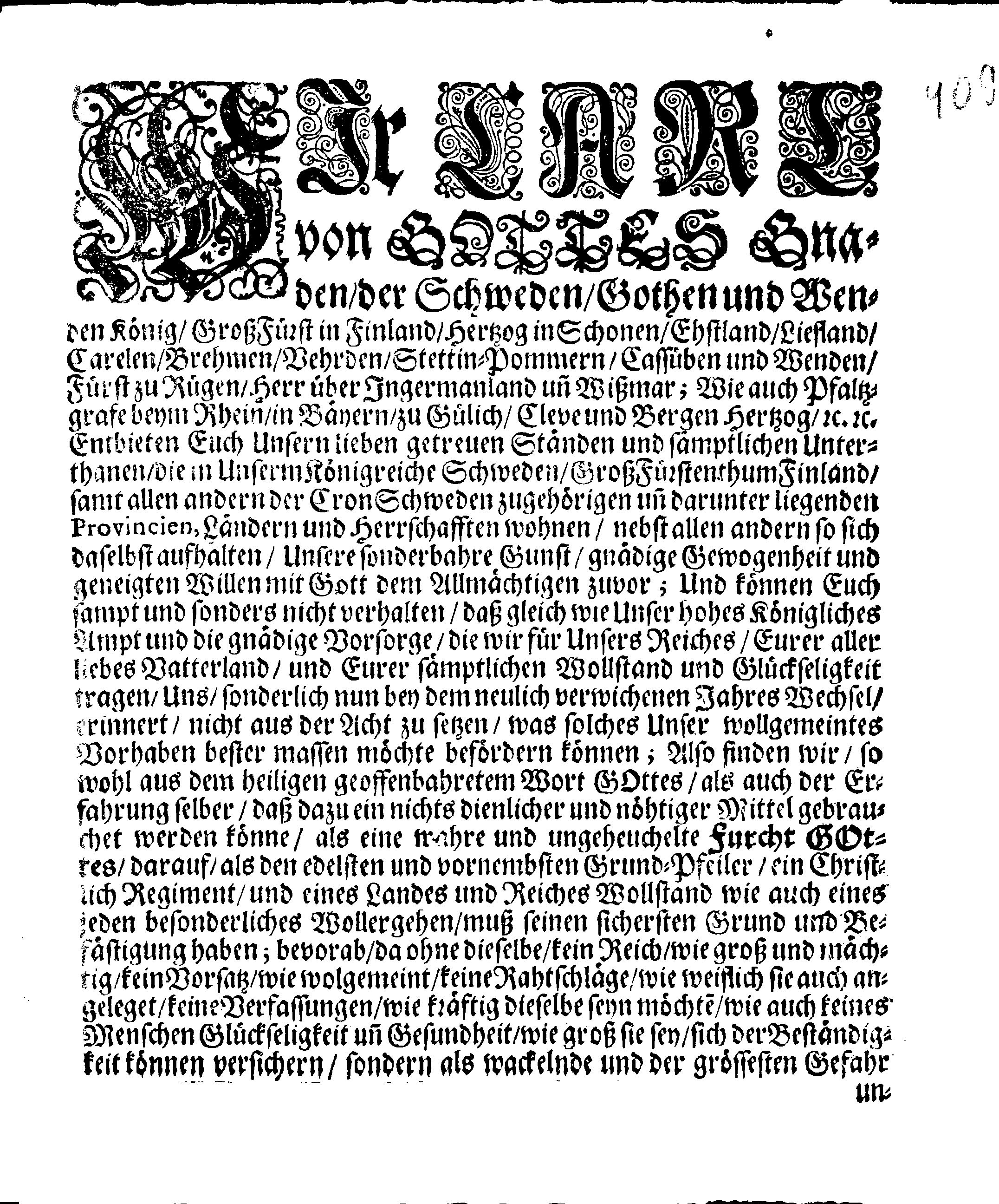 Ihrer Königl. Majest. PLACAT, Wegen Der vier allgemeinen Solennen, Danck-Fast-Buß- und Bet-Tagen, so im gegenwärtigen Jahr 1692 durch das gantze Reich Schweden, und in darunter liegende Provincien, wie auch das Groß-Fürstenthum Finland, sampt Ehst, Lieff- und Ingermanland sollen gehalten und gefeyret werden