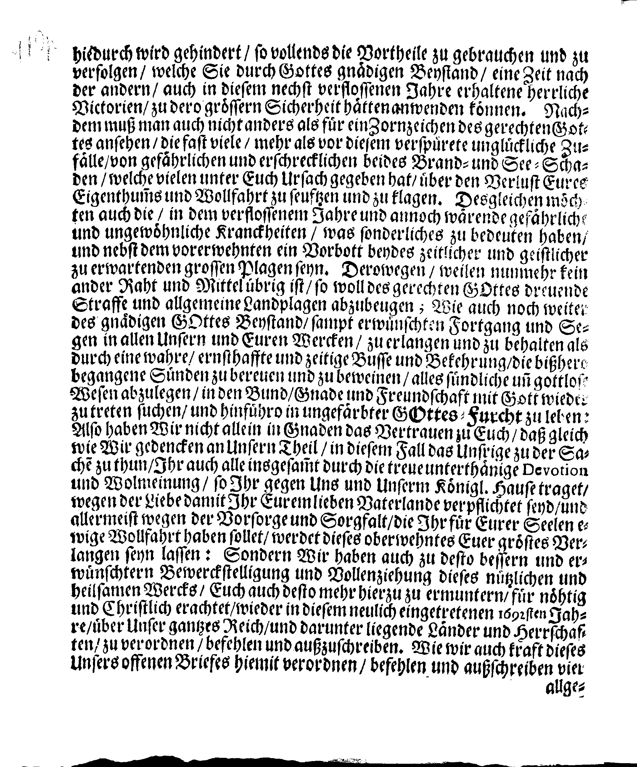 Ihrer Königl. Majest. PLACAT, Wegen Der vier allgemeinen Solennen, Danck-Fast-Buß- und Bet-Tagen, so im gegenwärtigen Jahr 1692 durch das gantze Reich Schweden, und in darunter liegende Provincien, wie auch das Groß-Fürstenthum Finland, sampt Ehst, Lieff- und Ingermanland sollen gehalten und gefeyret werden