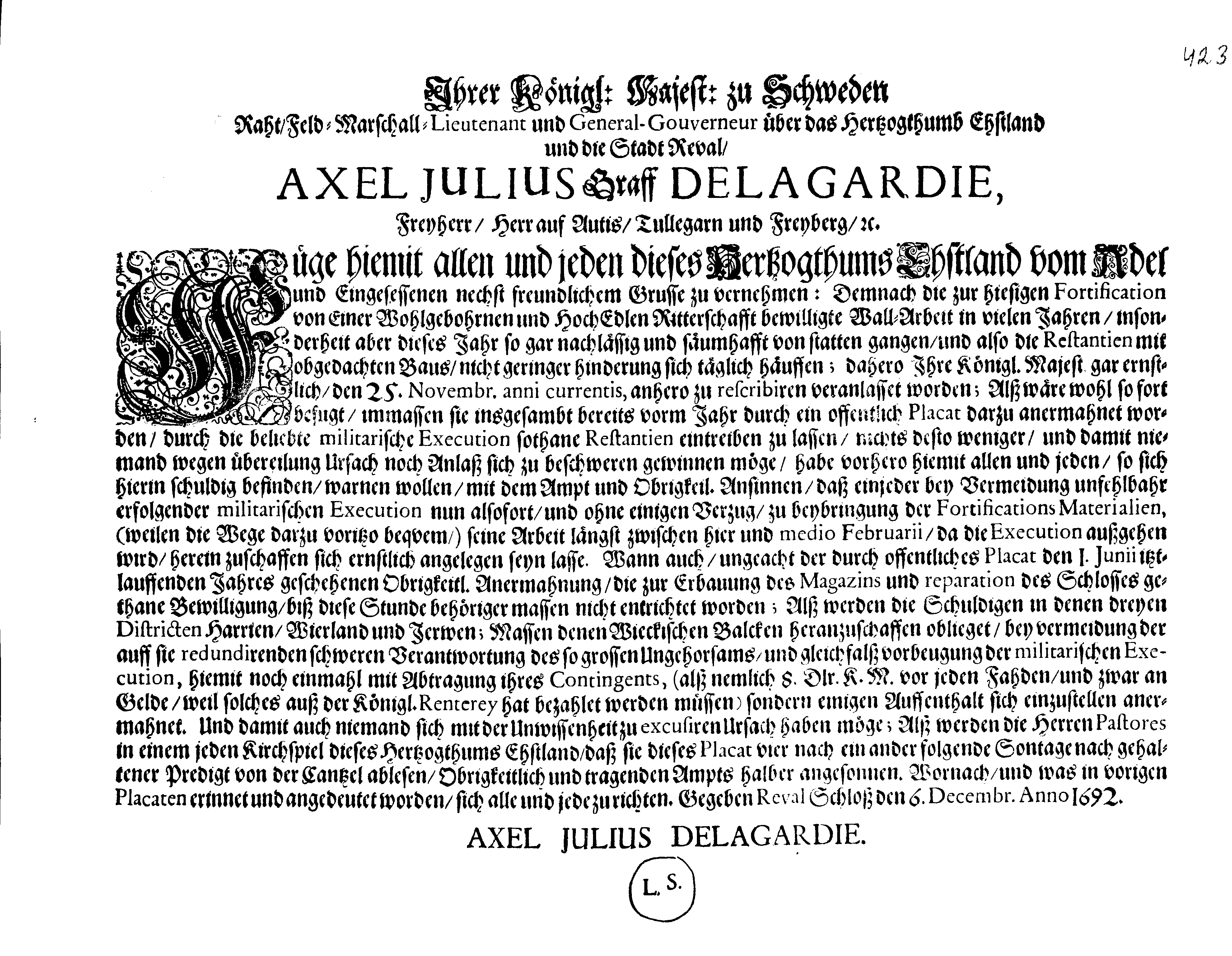 [Axel Julius De la Gardie korraldus]