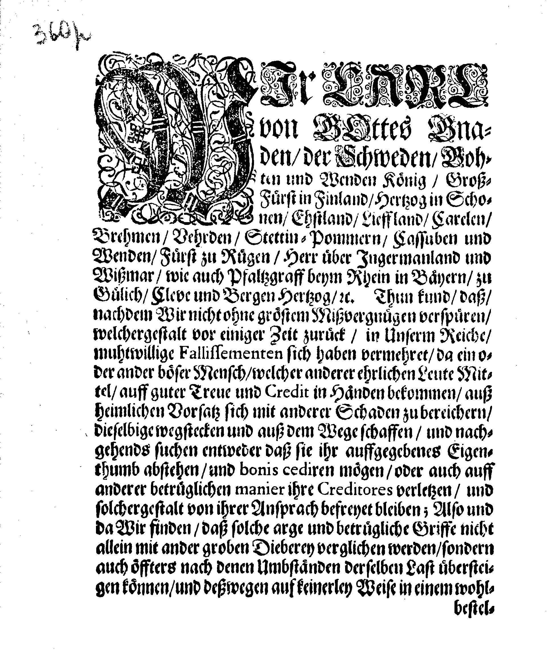 Ihr: Königl: Majest: PLACAT und GEBOT, angehende Vorsetzliche Fallissementer, und derer Straffe die damit betreten werden