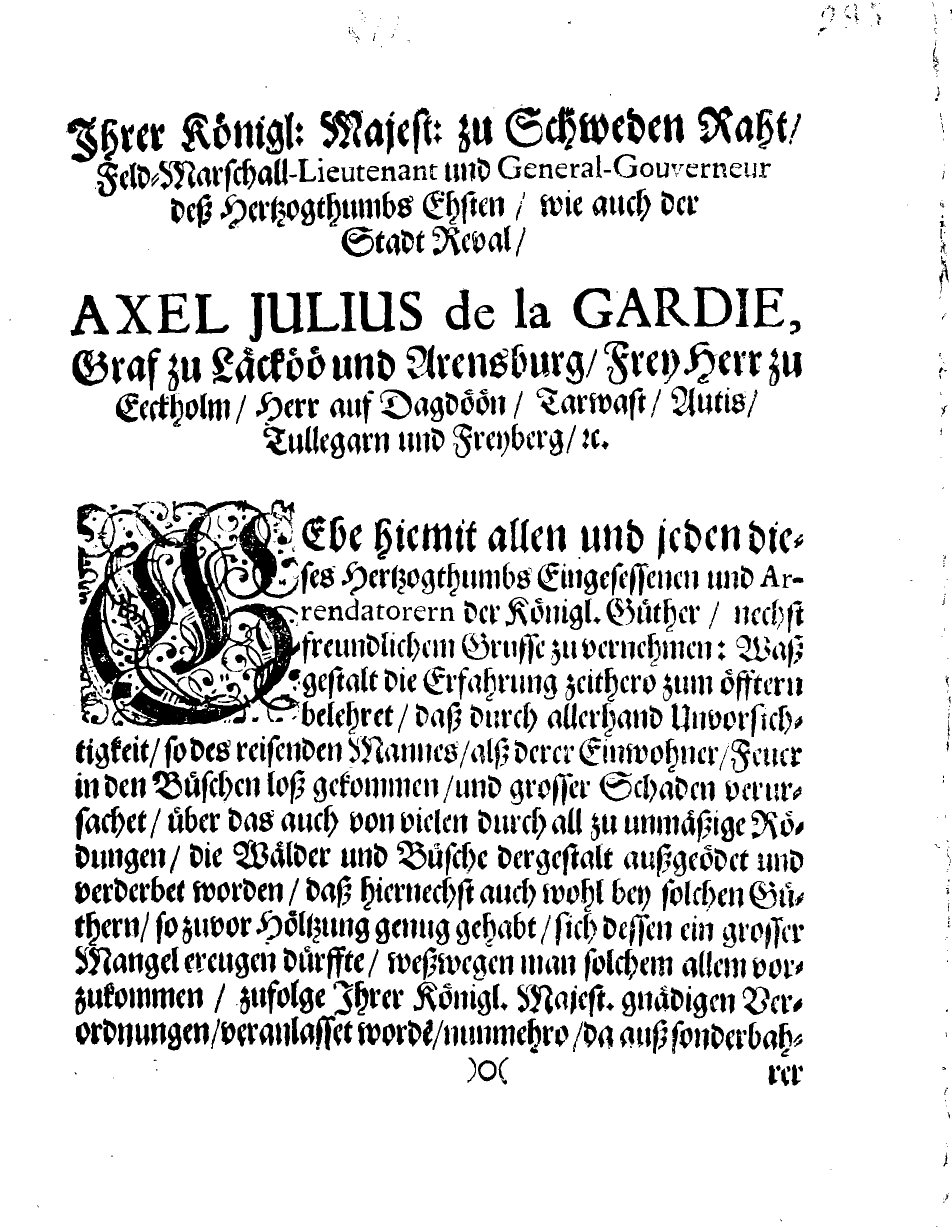 [Axel Julius De la Gardie korraldus]