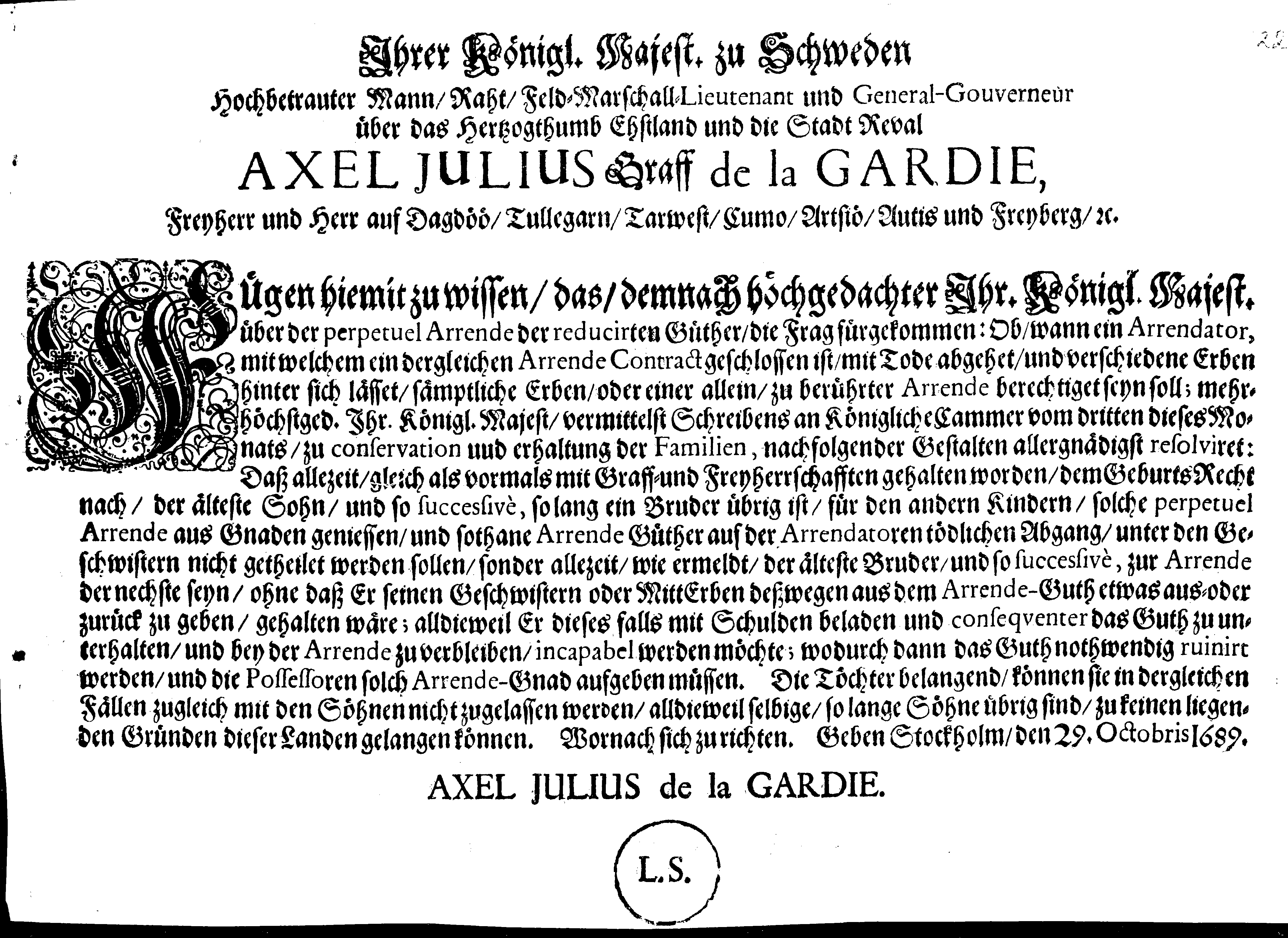 [Axel Julius De la Gardie korraldus]