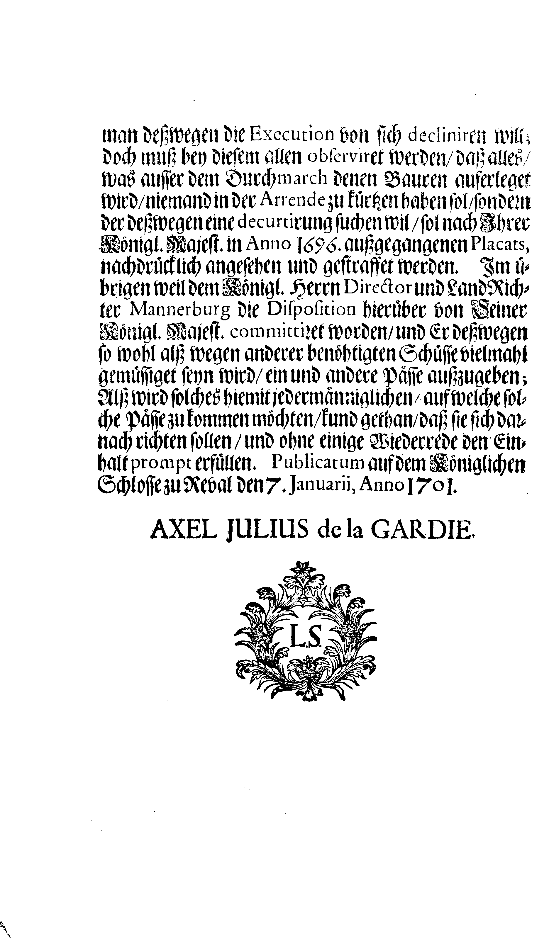 [Axel Julius De la Gardie korraldus]