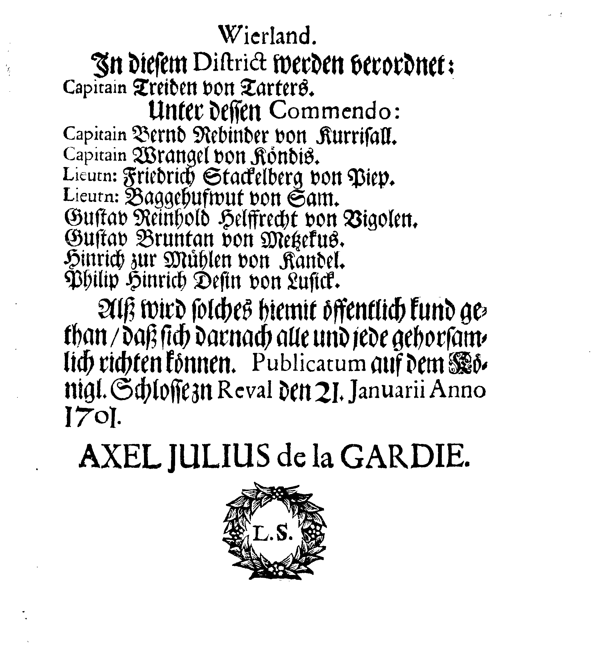 [Axel Julius De la Gardie korraldus]